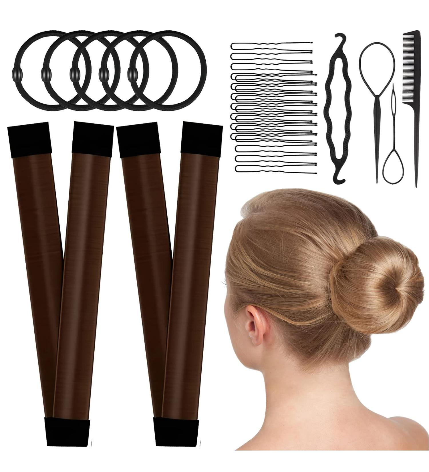Magic Hair Bun Maker Donut 2 PCS - French Twist Styling Tool with Bobby Pins & Elastic Bands - Brown - Buy Online on GoSupps.com