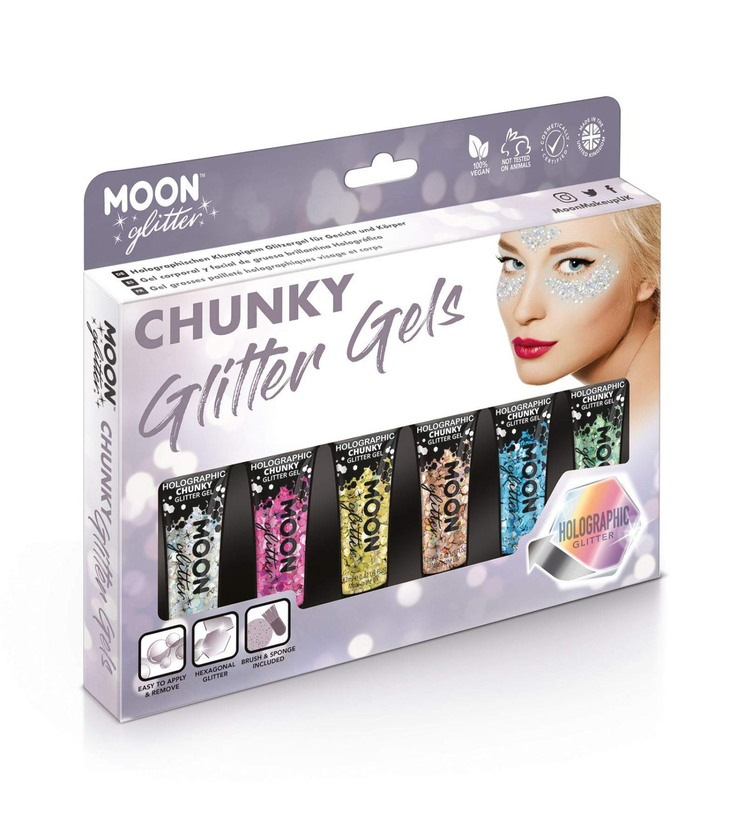 Moon Glitter Holographic Face & Body Chunky Glitter Gel Set - 6 Colors (Silver Pink Gold Rose Gold Blue Green) - 12ml - Perfect Gift for Glamorous Makeup Looks - Buy Online on GoSupps.com