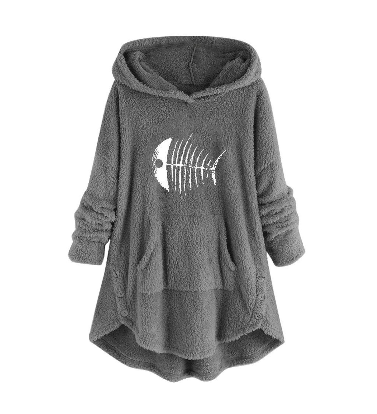 Bigfanshu Women's Sweaters Cartoon Embroidery Plus Size Warm Hooded Top Button Sweater Blouse Shirts Gray - Buy Online on GoSupps.com