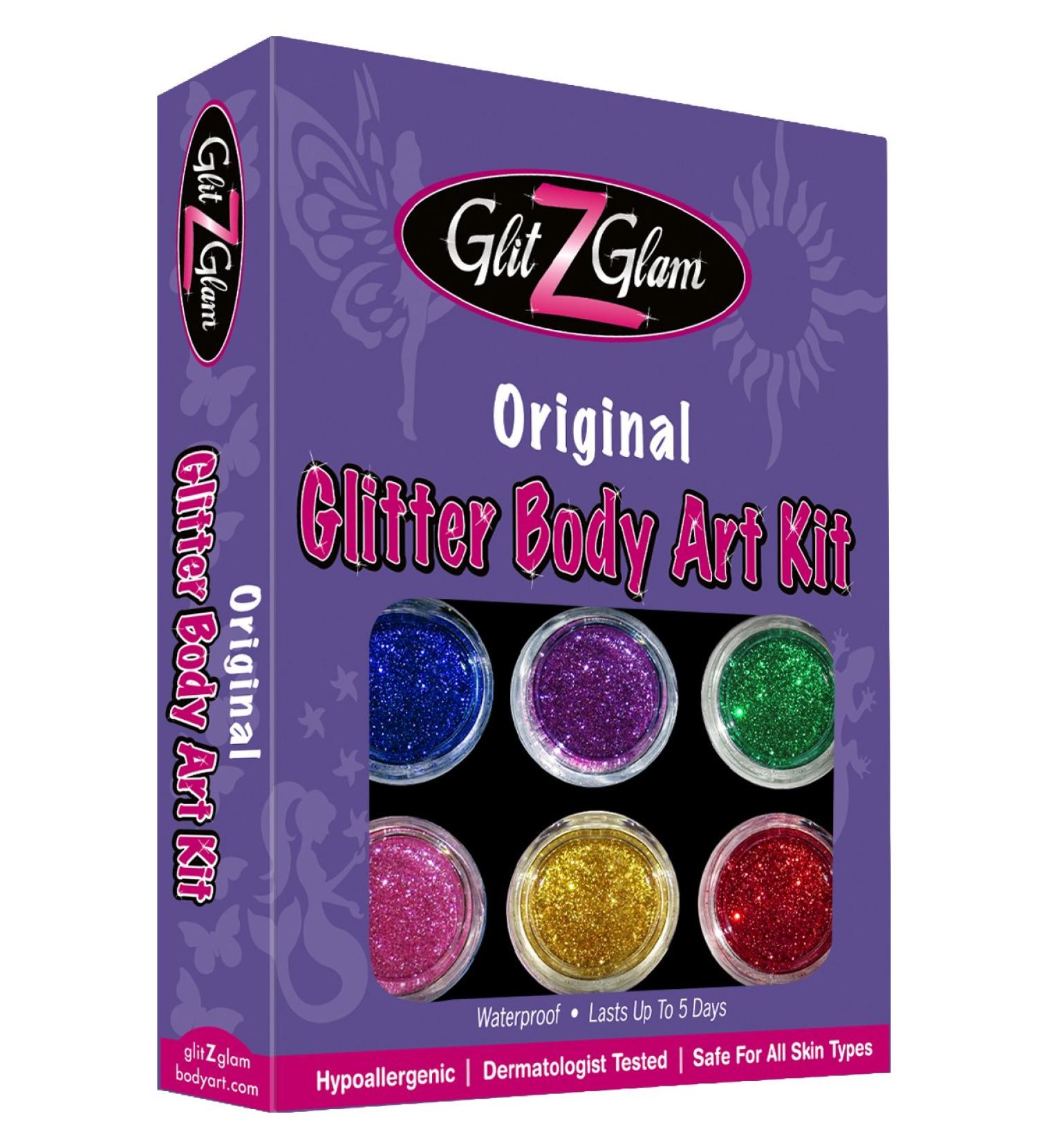 GlitZGlam Original Glitter Tattoo Kit - HYPOALLERGENIC and DERMATOLOGIST TESTED - 6 Large Glitter Pots, Body Adhesive, Stencils, Brushes - Buy Online on GoSupps.com