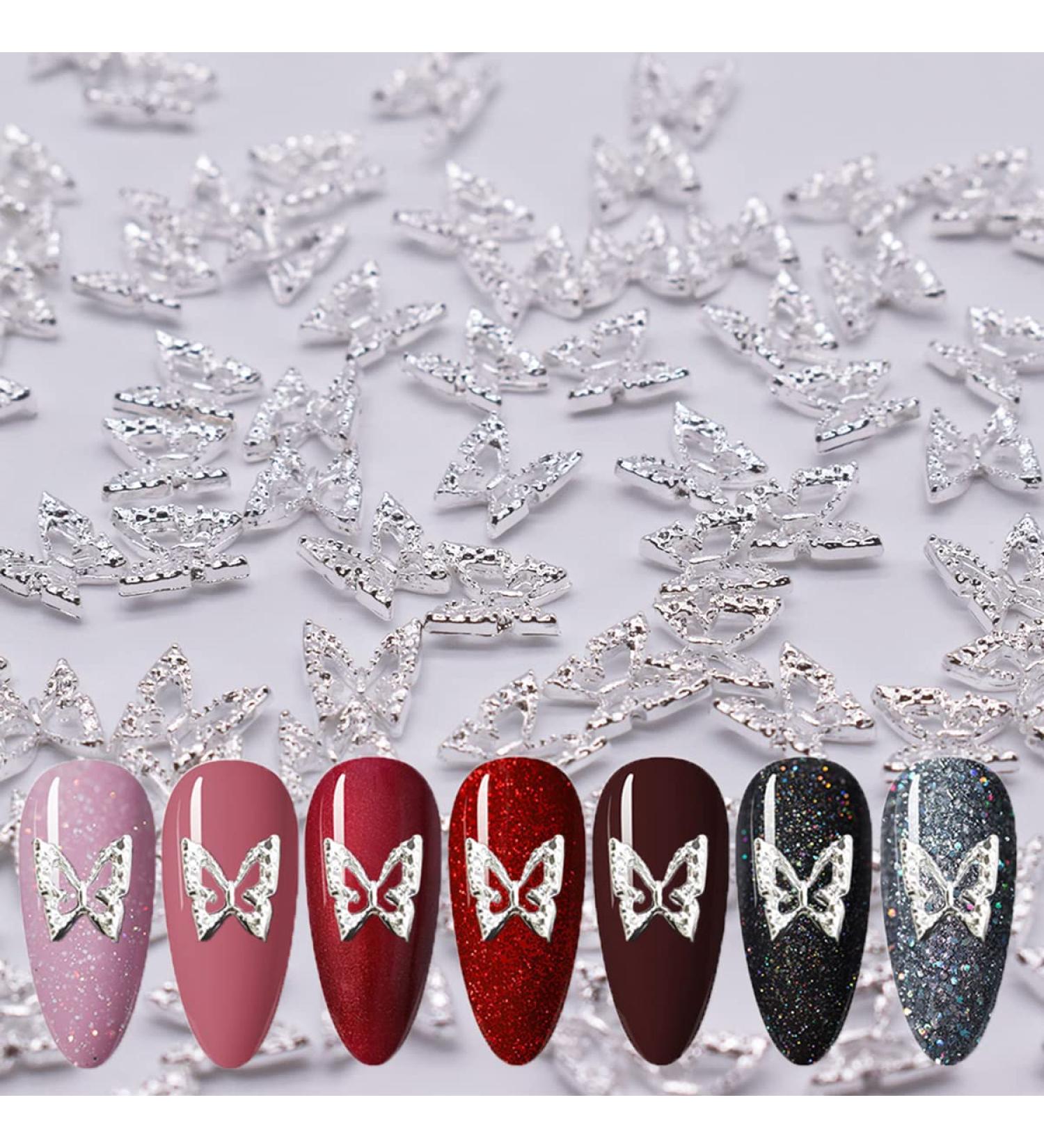 LIFOOST 100pcs Butterfly Nail Charms Silver Nail Art Studs | 3D Nail Jewelry for Acrylic Nails Designs - Buy Online on GoSupps.com
