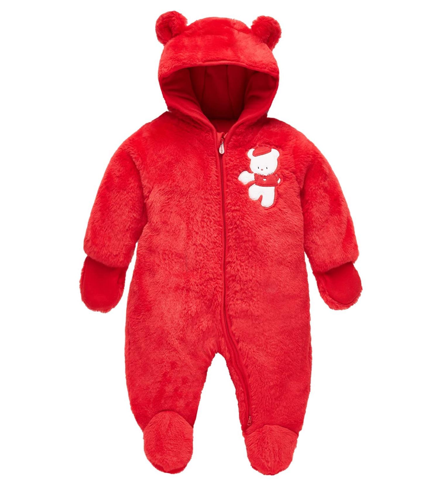 JiAmy Hooded Newborn Baby Romper Snowsuit | Red Fleece Jumpsuit | 0-3 Months - Buy Online on GoSupps.com