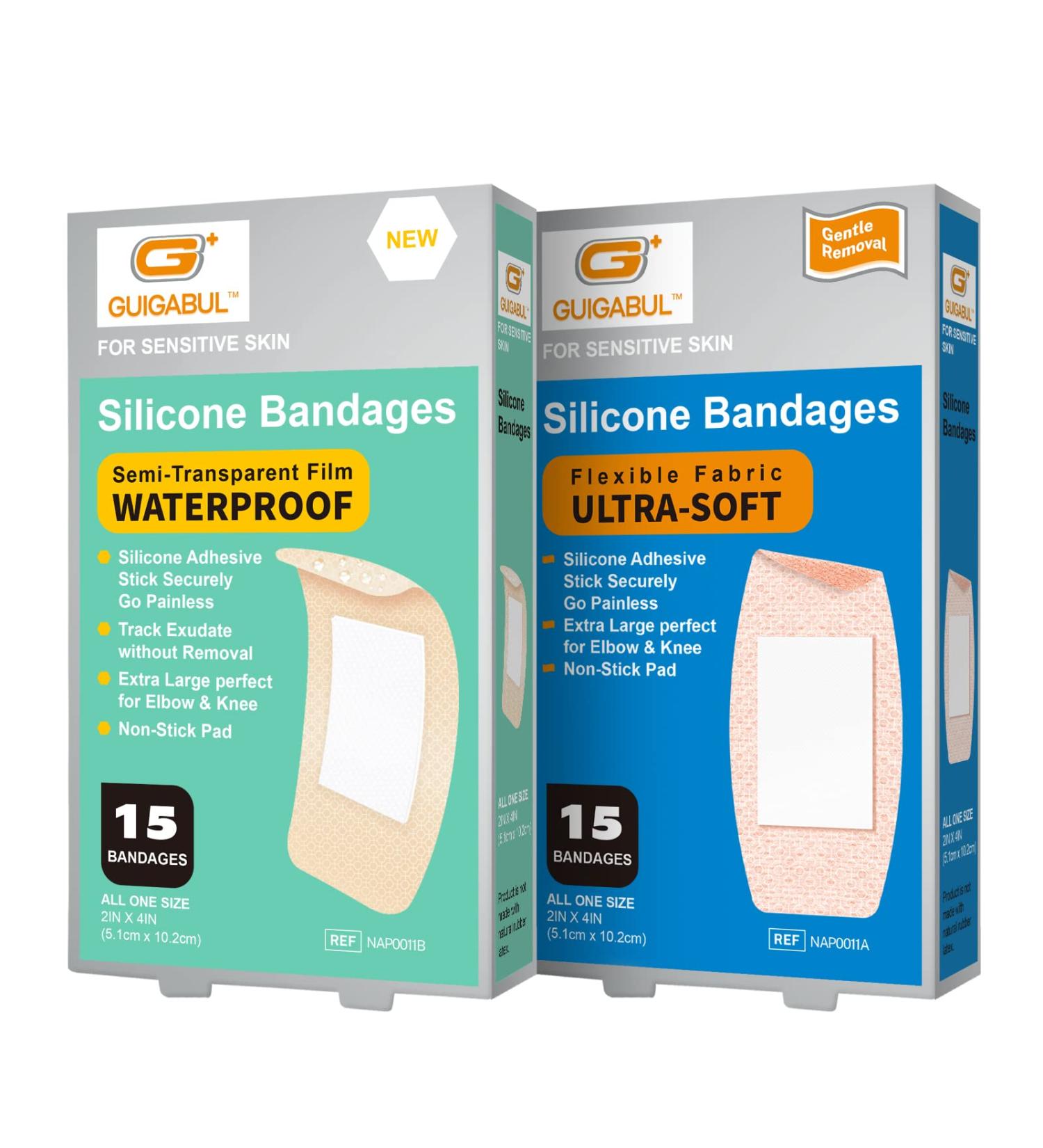 G+ GUIGABUL Silicone Adhesive Bandages 2''x4'' Extra Large 30 Counts - Gentle on Elderly Sensitive Skin - Painless Removal, Waterproof & Hypoallergenic - Buy Online on GoSupps.com