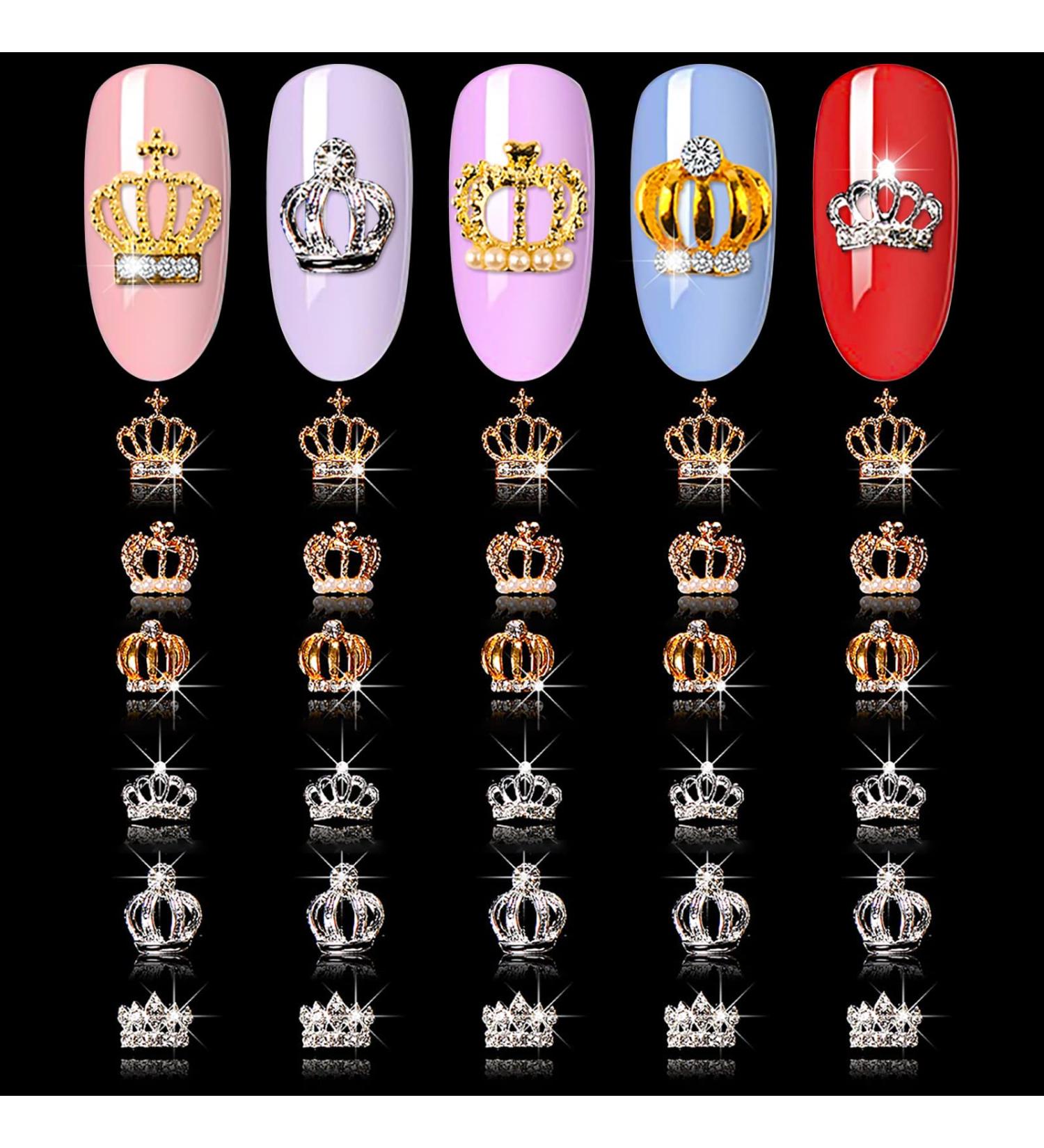 JERCLITY 30 Pieces 3D Gold & Silver Crown Nail Charms for Women - Nail Art Studs & Jewels for Acrylic Nails - Buy Online on GoSupps.com