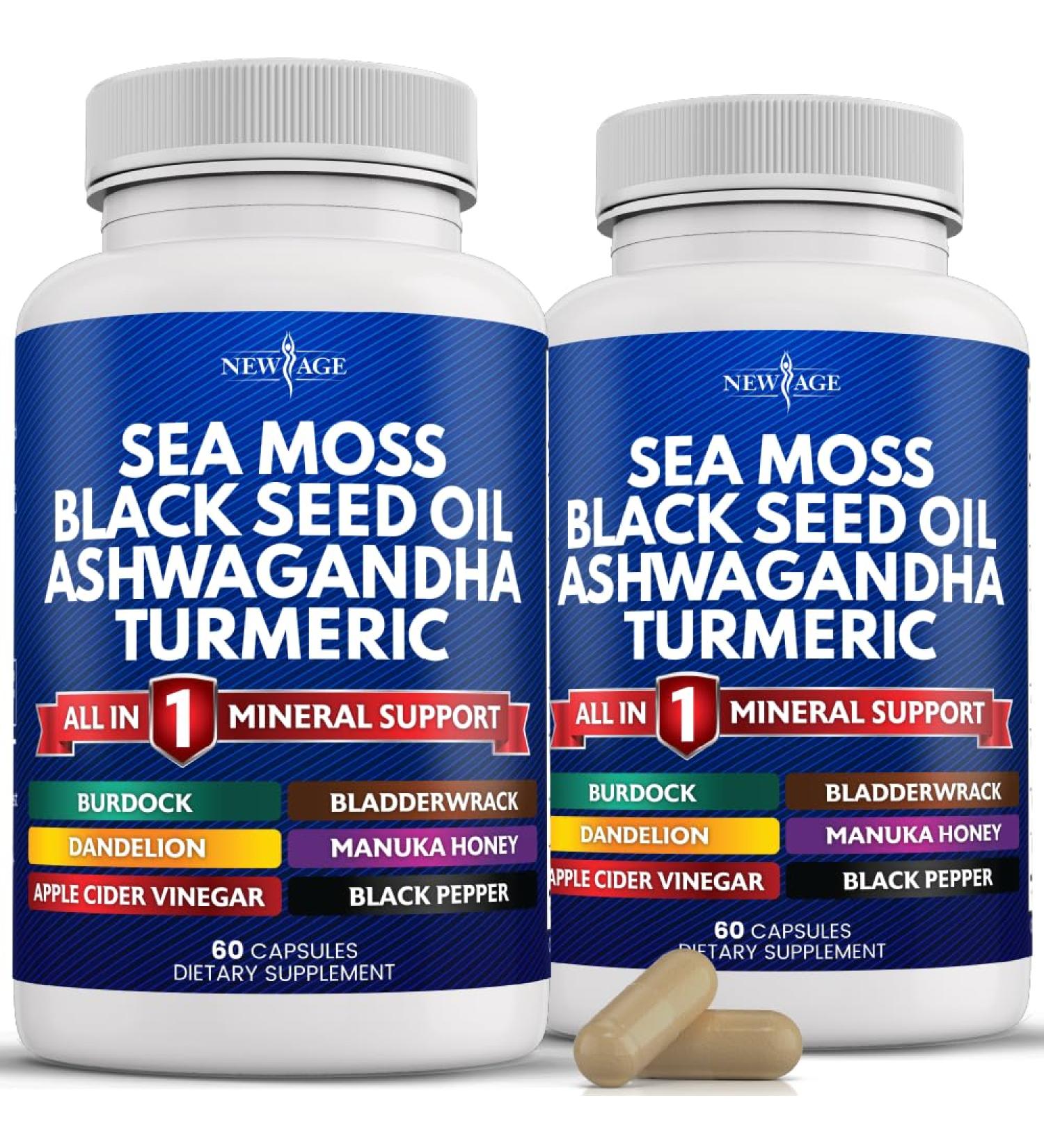 NEW AGE Sea Moss Capsules Black Seed Oil Ashwagandha Turmeric Bladderwrack Burdock - with Manuka Honey Dandelion ACV Black Pepper Gluten Free 60 Count (Pack of 2) - Buy Online on GoSupps.com
