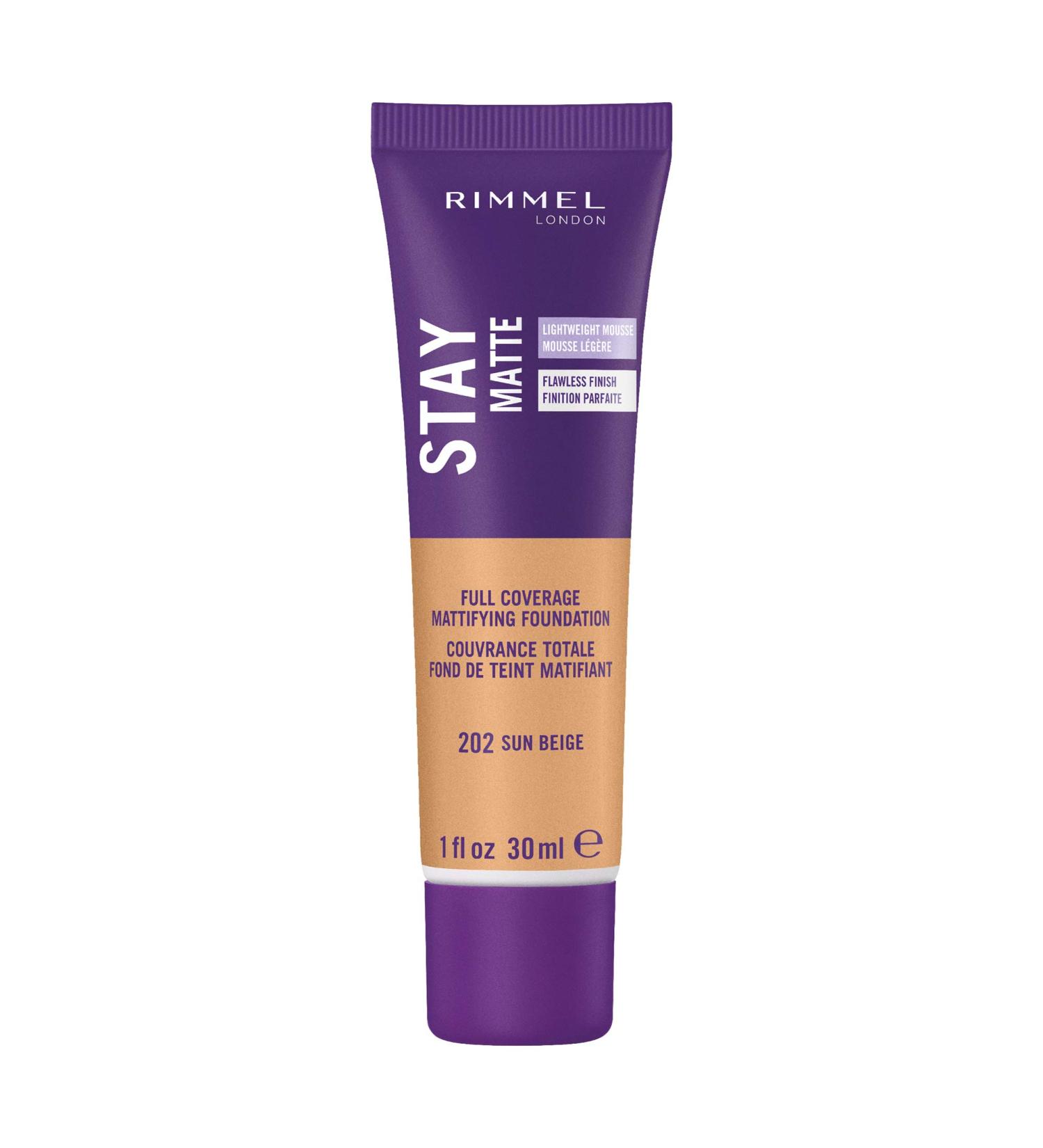 Rimmel London Stay Matte Full Coverage Foundation 202 Sun Beige - 1 fl oz | Oil-Control & Matte Finish - Buy Online on GoSupps.com