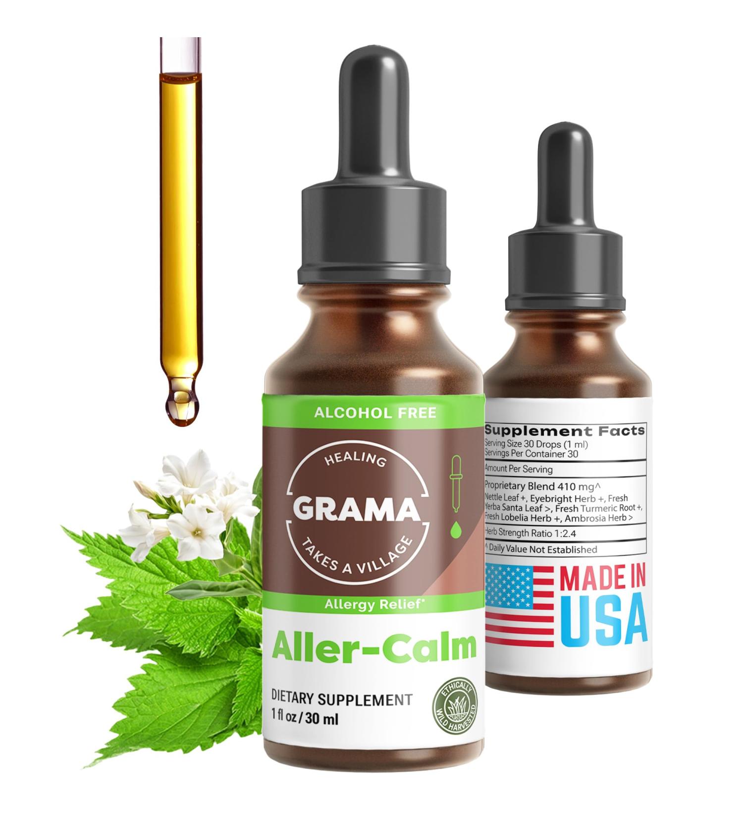 Grama Wellness Aller-Calm Organic Natural Allergy Relief Drops Natural Antihistamine Liquid Allergy Medicine for Adults & Kids Non-Drowsy Allergy Support Organic Allergy Medicine 1 fl oz - Buy Online on GoSupps.com