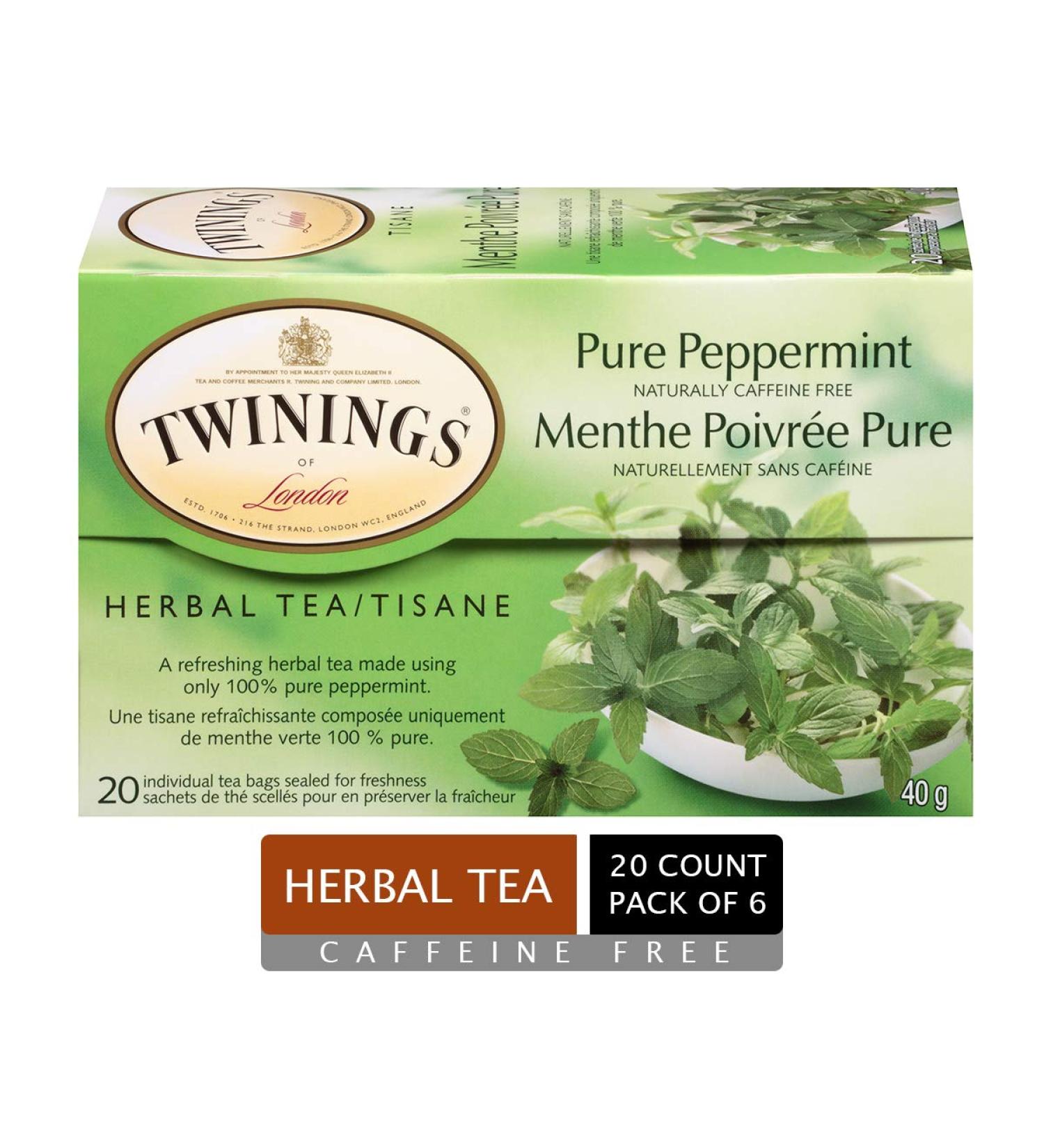 Twinings Pure Peppermint Herbal Revive Individually Wrapped Tea Bags | Naturally Caffeine-Free | 20 Count (Pack of 6) | Enjoy Hot or Iced Peppermint 20 Count (Pack of 6) - Buy Online on GoSupps.com