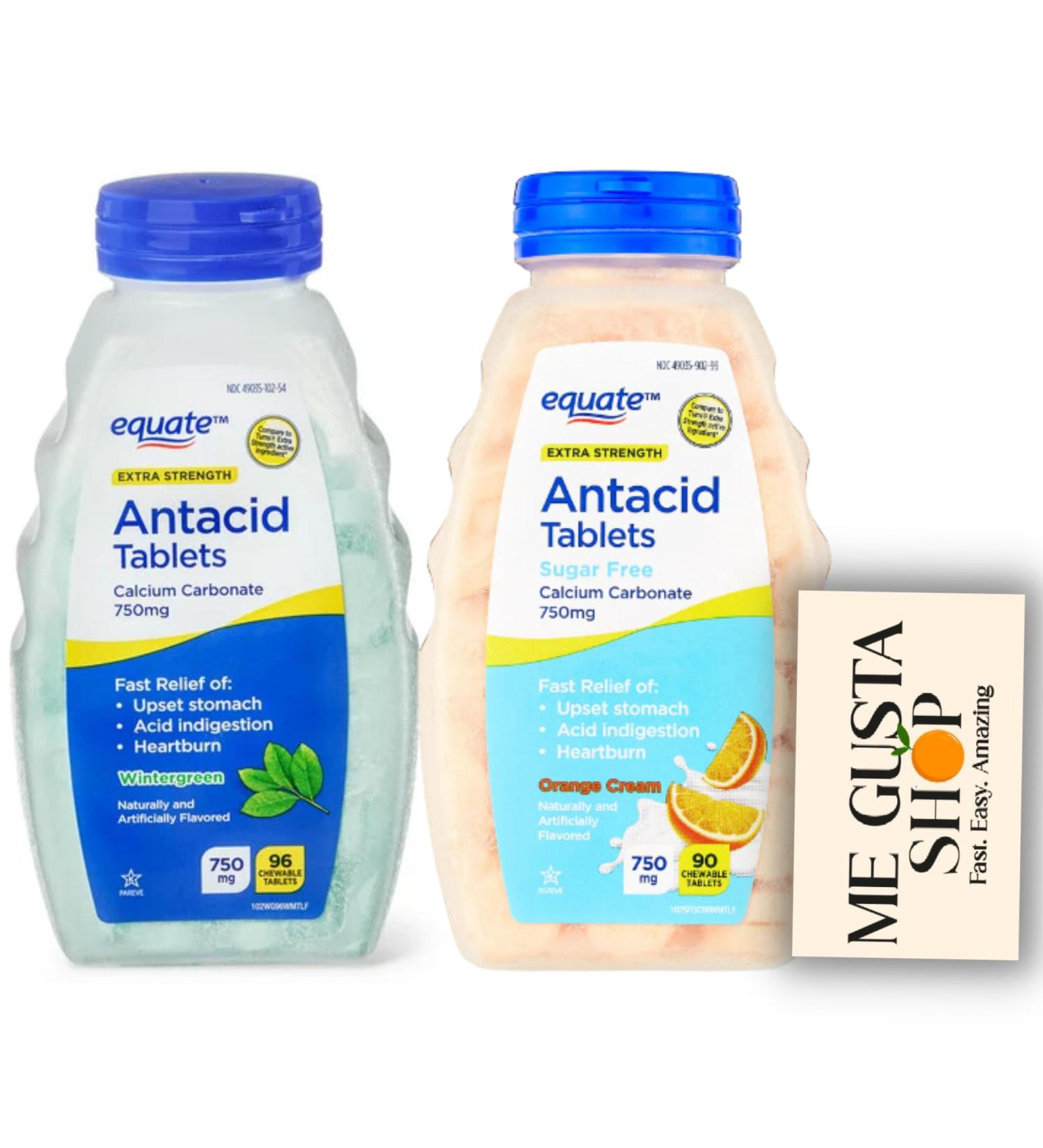 Equate Extra Strength Antacid Chewable Wintergreen and Orange Tablets 750 mg 96 Ct Pack of 02 + me Gusta Sticker - Buy Online on GoSupps.com