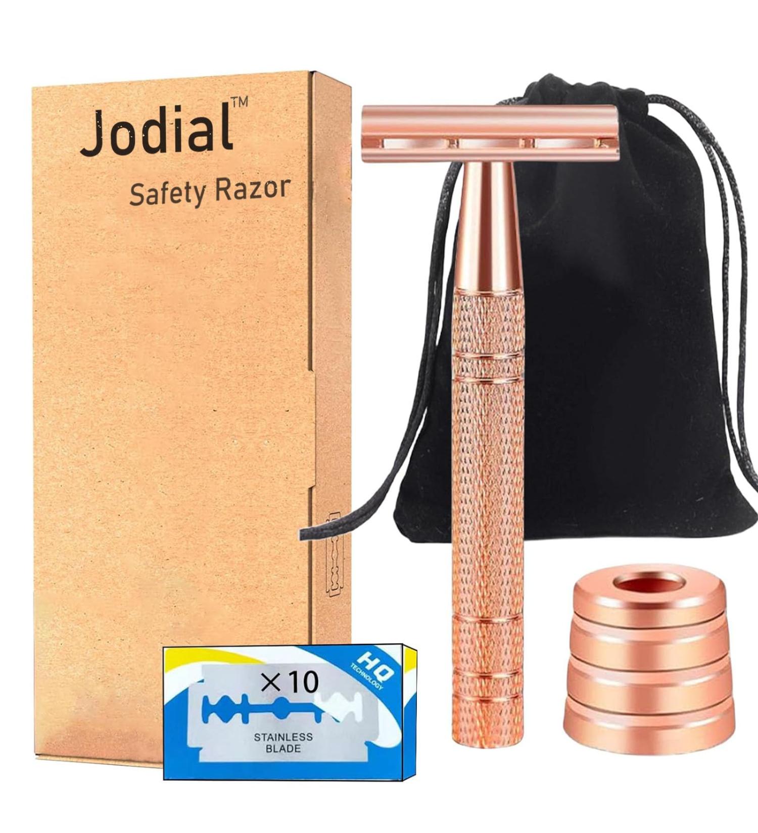 Jodial Safety Edge Razor for Women - Reusable Rose Gold Razor with 10 Double Edge Blades Plastic Free Eco-Friendly Shaving Solution - Buy Online on GoSupps.com