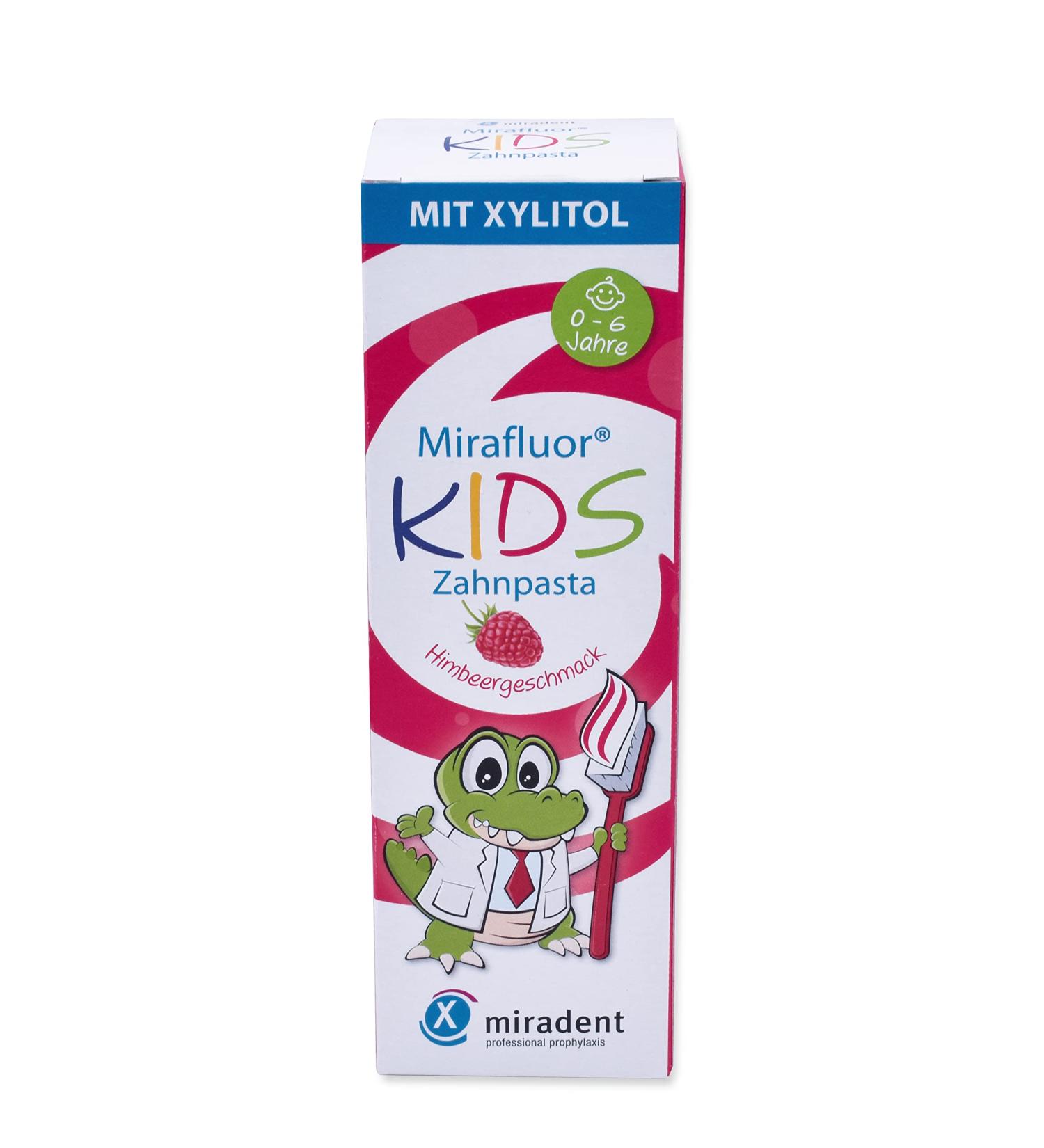 Miradent Mirafluor Kids Toothpaste 75ml | Raspberry Flavor | Xylitol & Sodium Fluoride | Caries Protection for Children 0-6 Years - Buy Online on GoSupps.com