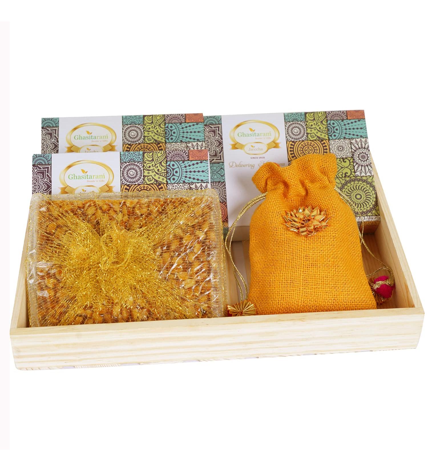 Ghasitaram Gifts Lohri Gifts Lohri Sweets Gachak Hampers Lohri Light Wooden Tray - Buy Online on GoSupps.com