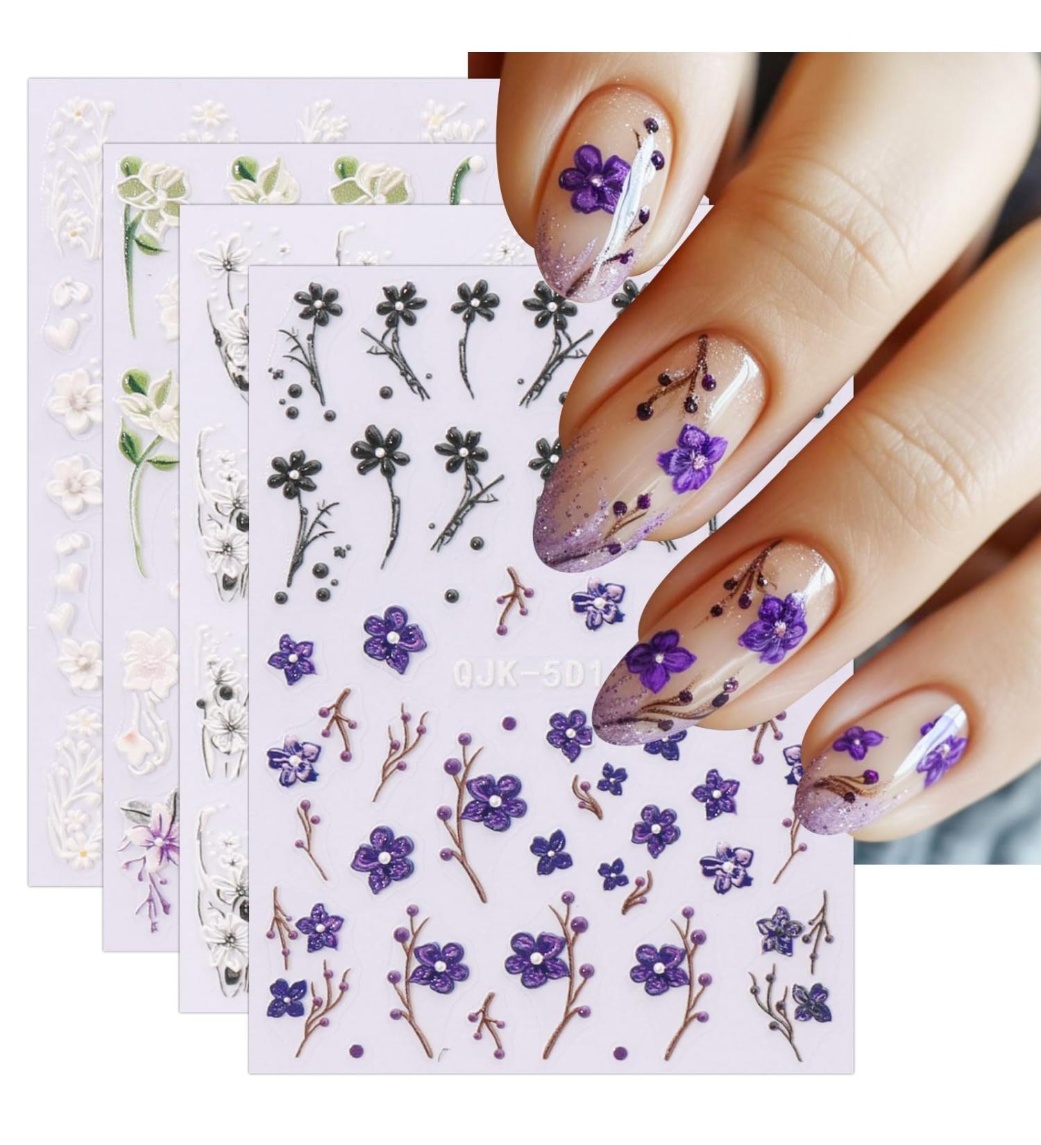 JMEOWIO 3D Embossed Flower Nail Art Stickers Decals Self-Adhesive 5D Spring Summer Black Purple Floral Nail Supplies Nail Art Design Decoration Accessories 4 Sheets - Buy Online on GoSupps.com