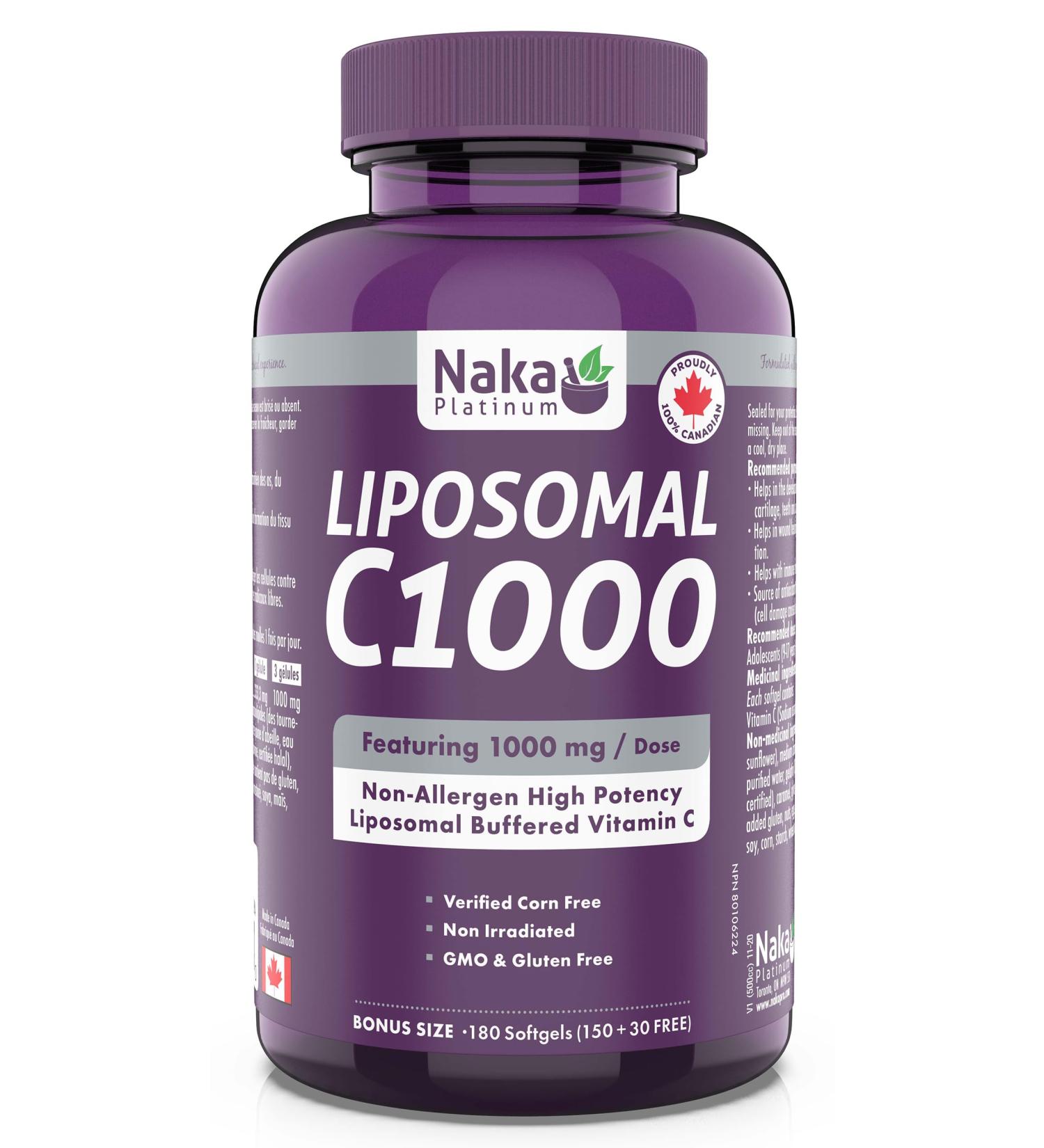 Naka Platinum LIPOSOMAL C1000 featuring 1000 mg/dose Non-Allergen High Potency Liposomal Buffered Vitamin C (180 softgels 333mg/softgel) 180 count (Pack of 1) 333mg/softgel - Buy Online on GoSupps.com
