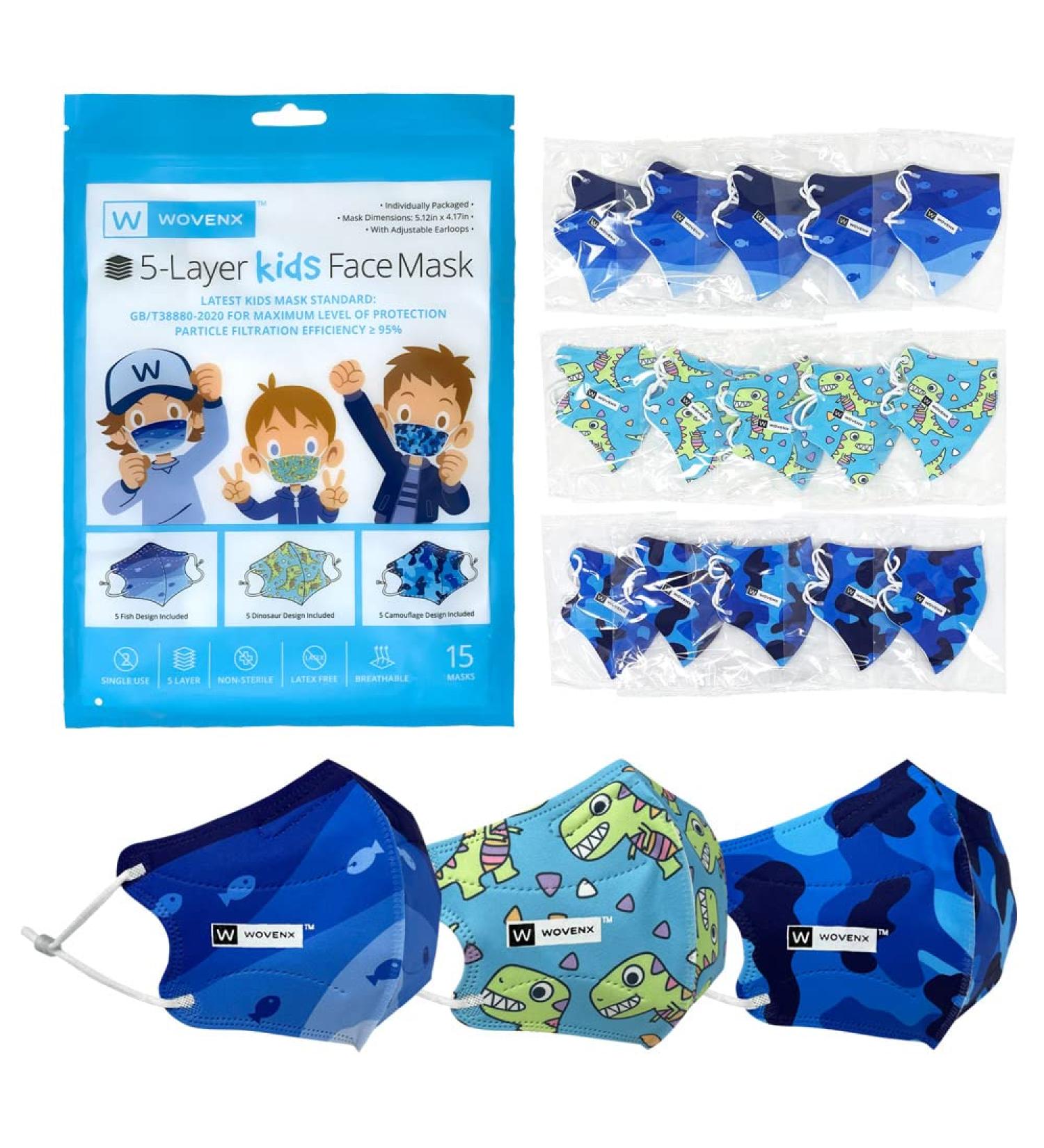 Wovenx FDA Registered 5 Ply Disposable Kids Face Mask 15 Pack - Adjustable Earloops - Individually Sealed Boys Masks - Buy Online on GoSupps.com