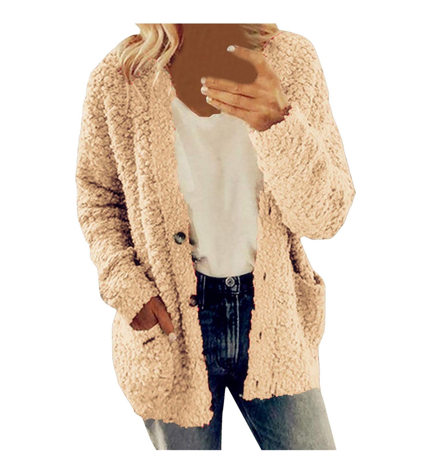 Hanxiulin Fleece Plush Jacket for Women | Warm Zipper Wool Coat | Lightweight Hooded Winter Jacket | 3XL Khaki Outdoor Tops - Buy Online on GoSupps.com