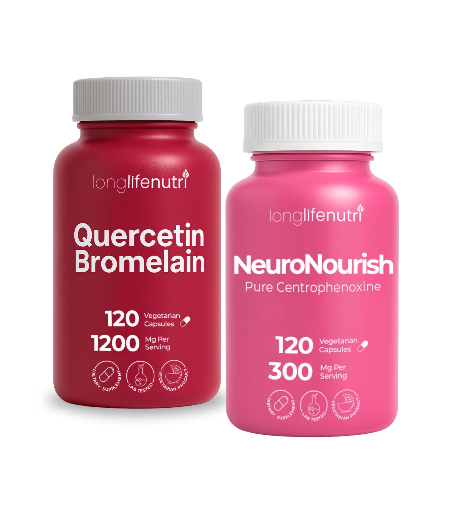 LongLifeNutri Quercetin 1000 mg with Bromelain 200mg & Centrophenoxine 300 mg Bundle 120/120 Vegan Capsules 2 4 Month Supply Respiratory Bioflavonoid Non-GMO GMP Certified Made in USA - Buy Online on GoSupps.com