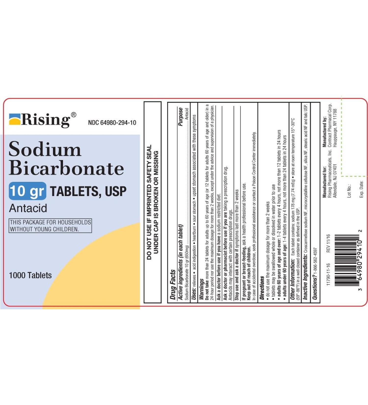 Rising Pharma - Sodium Bicarbonate 650mg - Antacid Used for Acid Indigestion Heartburn Sour Stomach Stomach Upset - 1000 Tablets