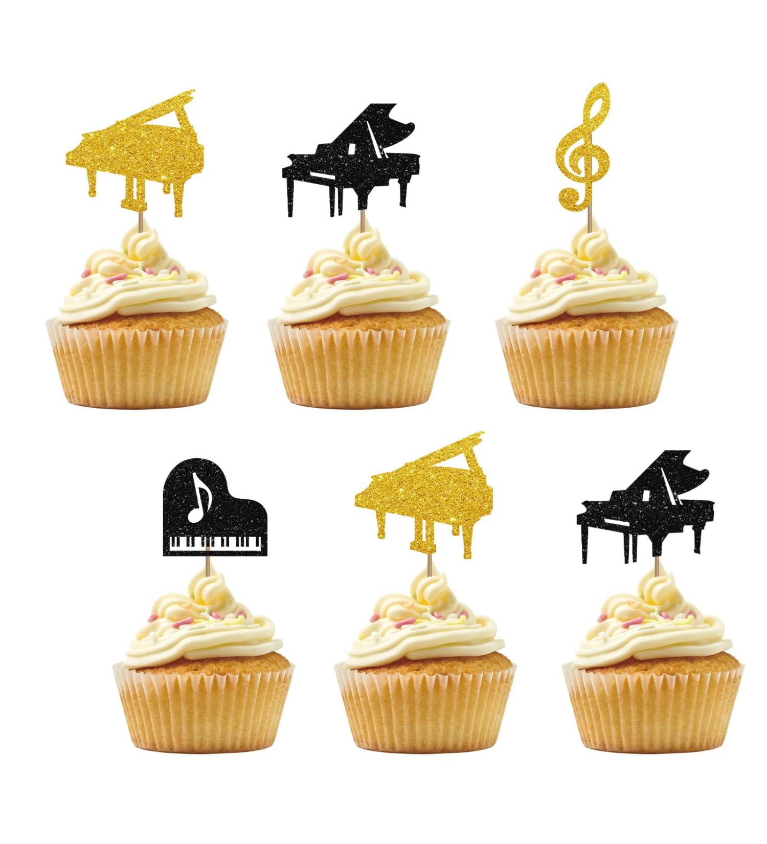 Set of 24 Piano Cupcake Toppers for Musician Birthday Black & Gold Glitter Piano Sign Cupcake Toppers Music Instrument Cake Decoration for Baby Shower/Wedding Party Supplies - Buy Online on GoSupps.com