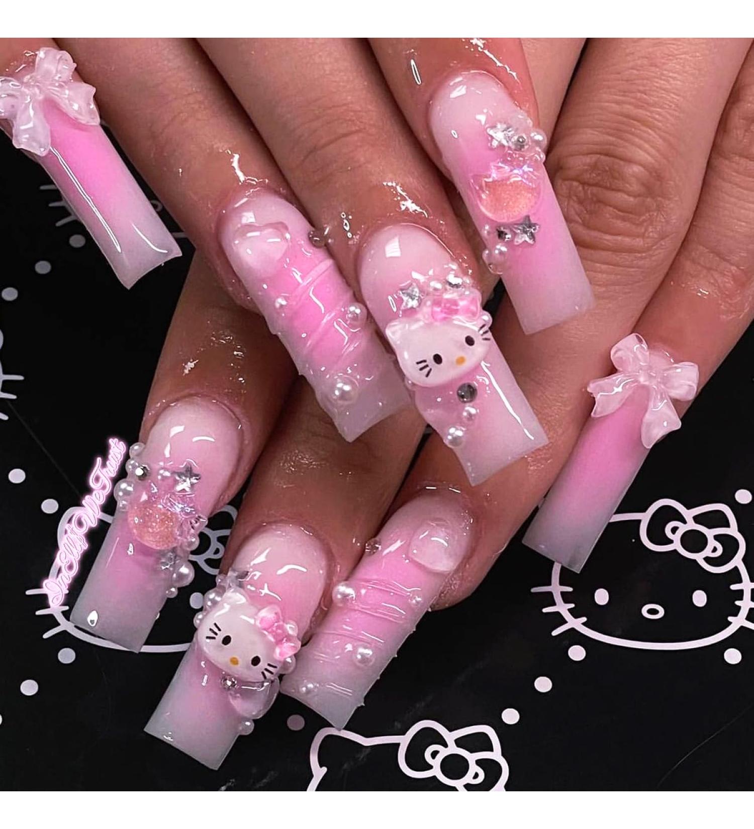 Buy RTKHFZE Press on Nails - Long Square Nude Pink Acrylic Nails with 3D Water Ripples & Bow Designs - 24pcs Full Cover for Manicure - Buy Online on GoSupps.com