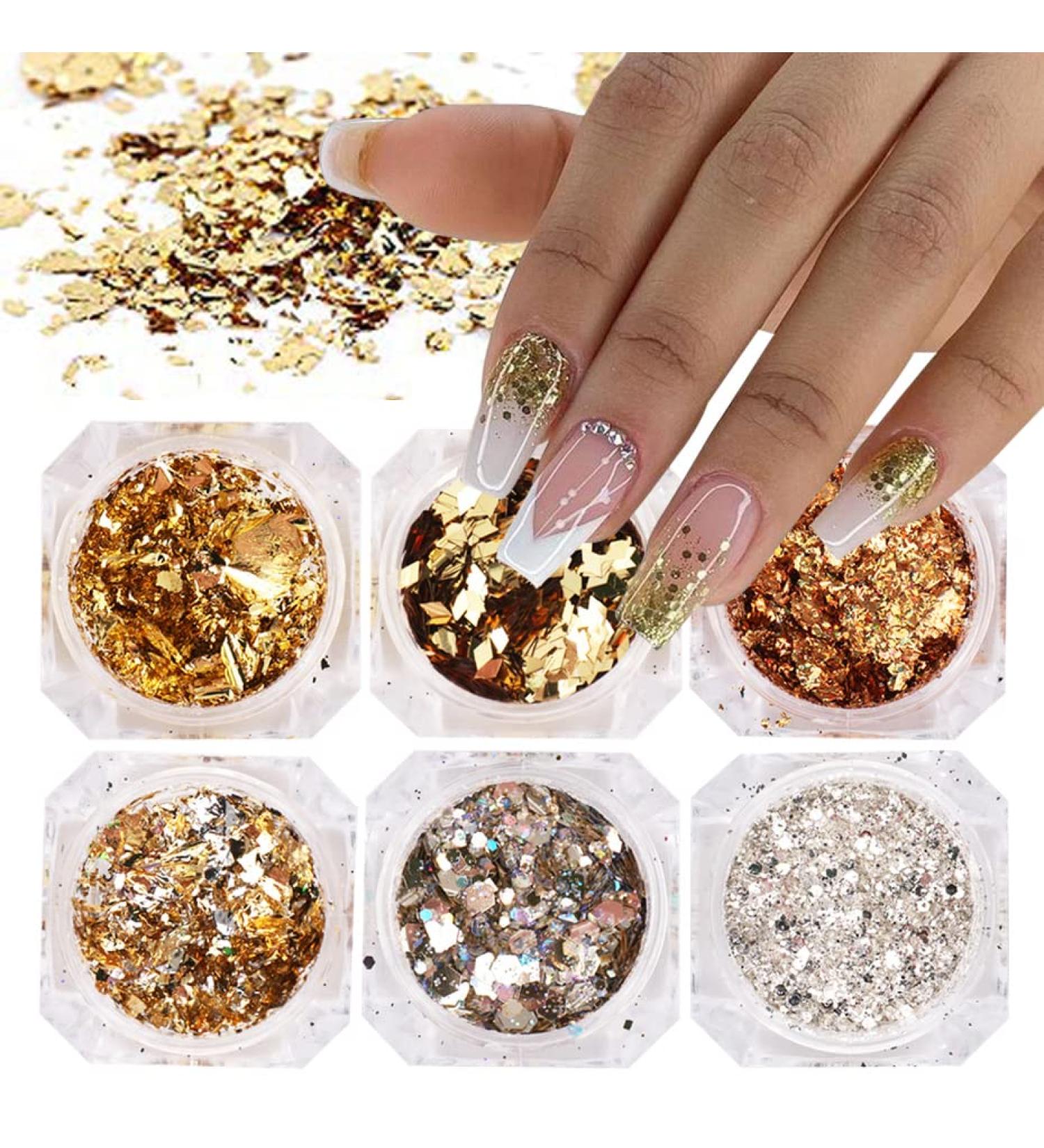 GORS Gold Holographic Nail Foil Glitter Art Flake - Nail Supplies for DIY Nail Art Design - Bright, Colorful, and Shiny Nail Glitter Confetti - Decoration Accessories with Gold Foil Powder - Buy Online on GoSupps.com