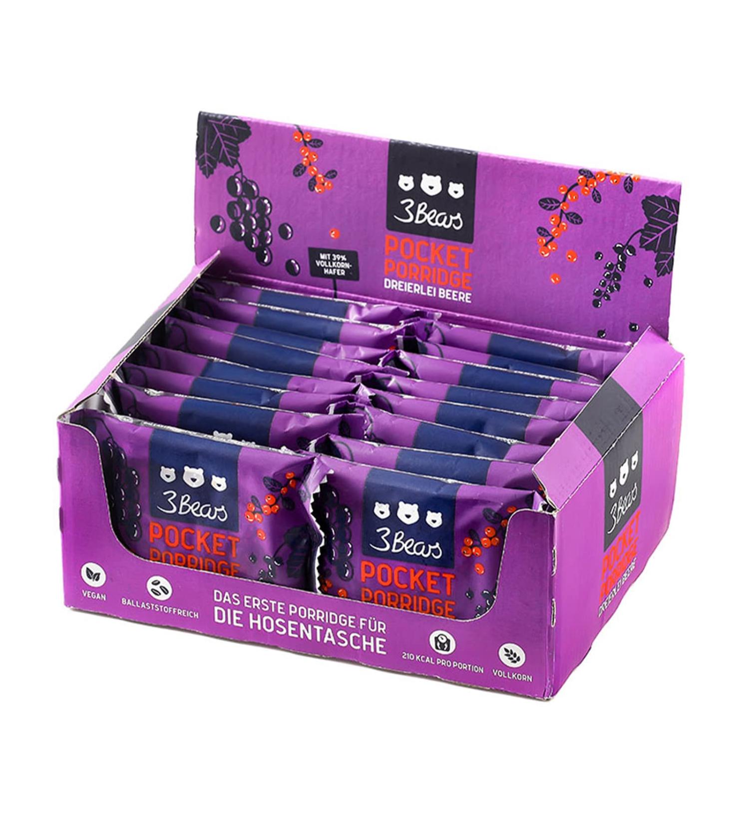3Bears Pocket Porridge - Three-Sided Berry Vegan Oat Bar | Healthy Low-Calorie Breakfast | 36% Oats 205 Kcal - 16 x 55g - Buy Online on GoSupps.com