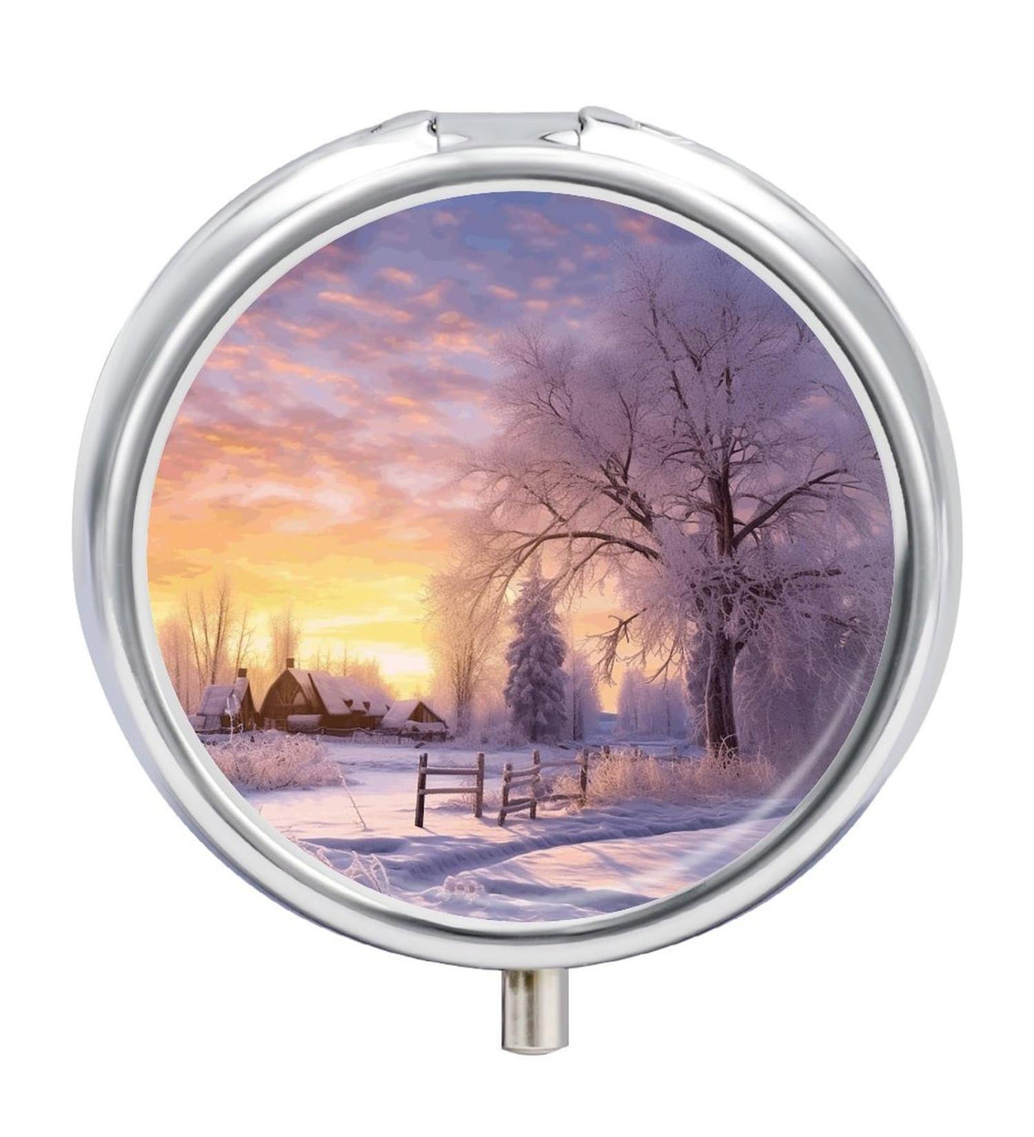 Stylish Round Pill Box with Winter Print | 3 Compartment Metal Pill Organizer | Portable Decorative Pocket Pill Case - Style 32 - Buy Online on GoSupps.com