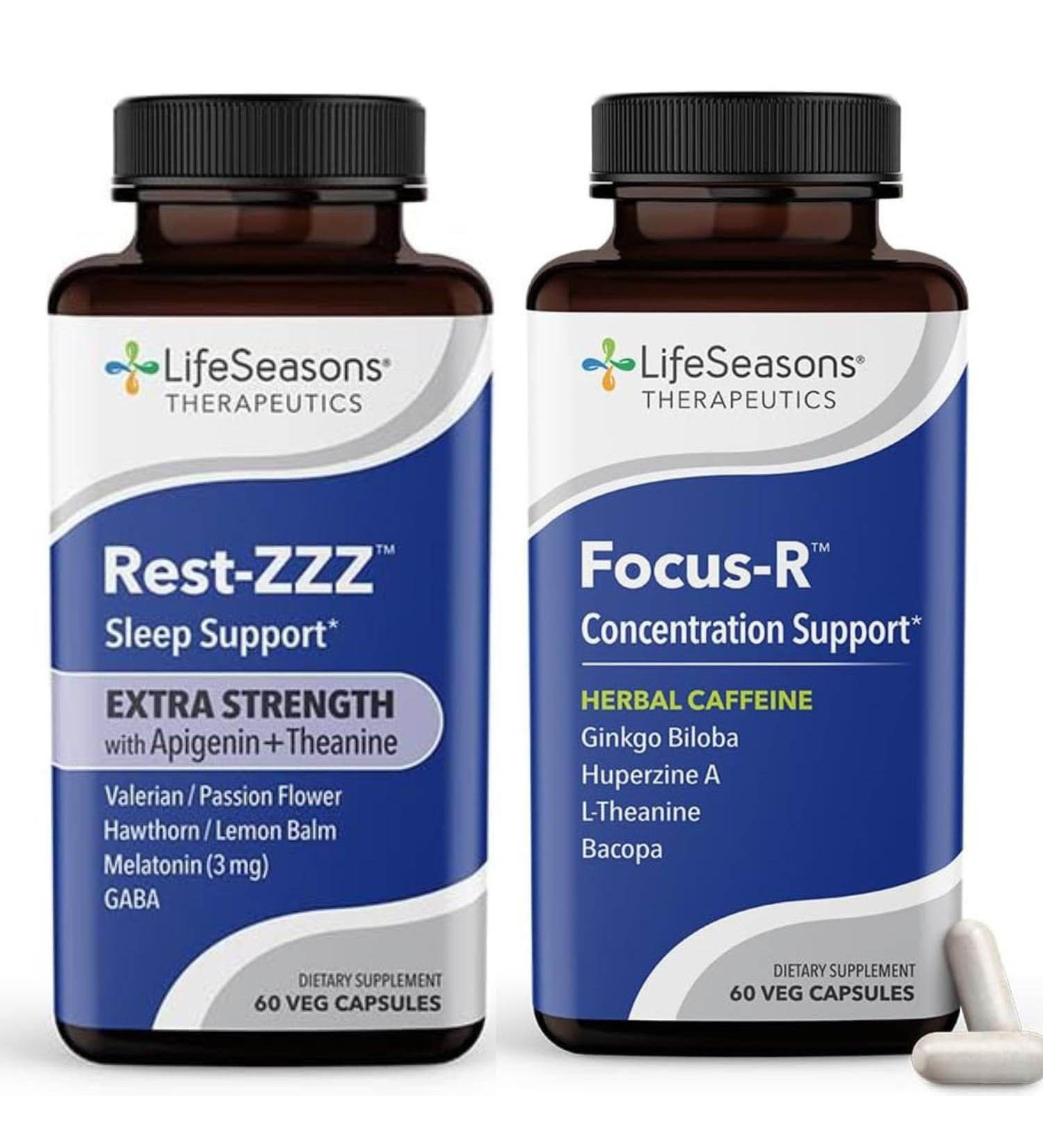 LifeSeasons Rest-ZZZ Extra Strength + Focus-R Bundle Natural Sleep & Brain Support Fall Asleep & Stay Asleep Boost Concentration & Mental Performance Low Dose Melatonin 60 Capsules Each - Buy Online on GoSupps.com