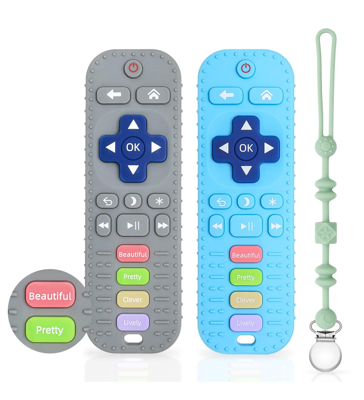 Qinerle Silicone Baby Teether Toy - TV Remote Control Shape for Babies 6-12 Months (Blue & Gray) - Infant Sensory Teething Toy - Buy Online on GoSupps.com