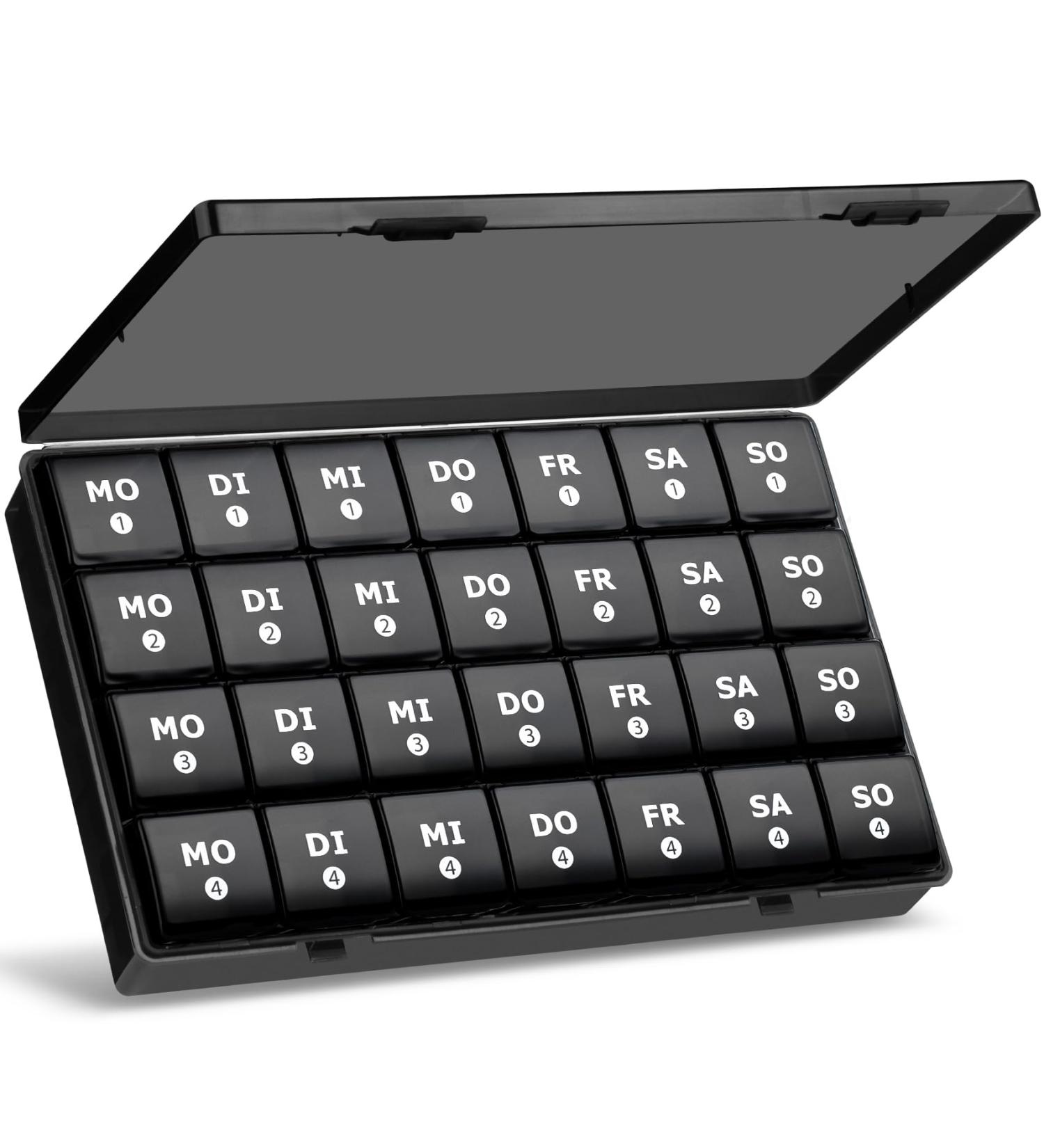 28-Day Tablet Organizer Box | Weekly Pill Box with 7 Compartments for Vitamins & Supplements - Black - Buy Online on GoSupps.com