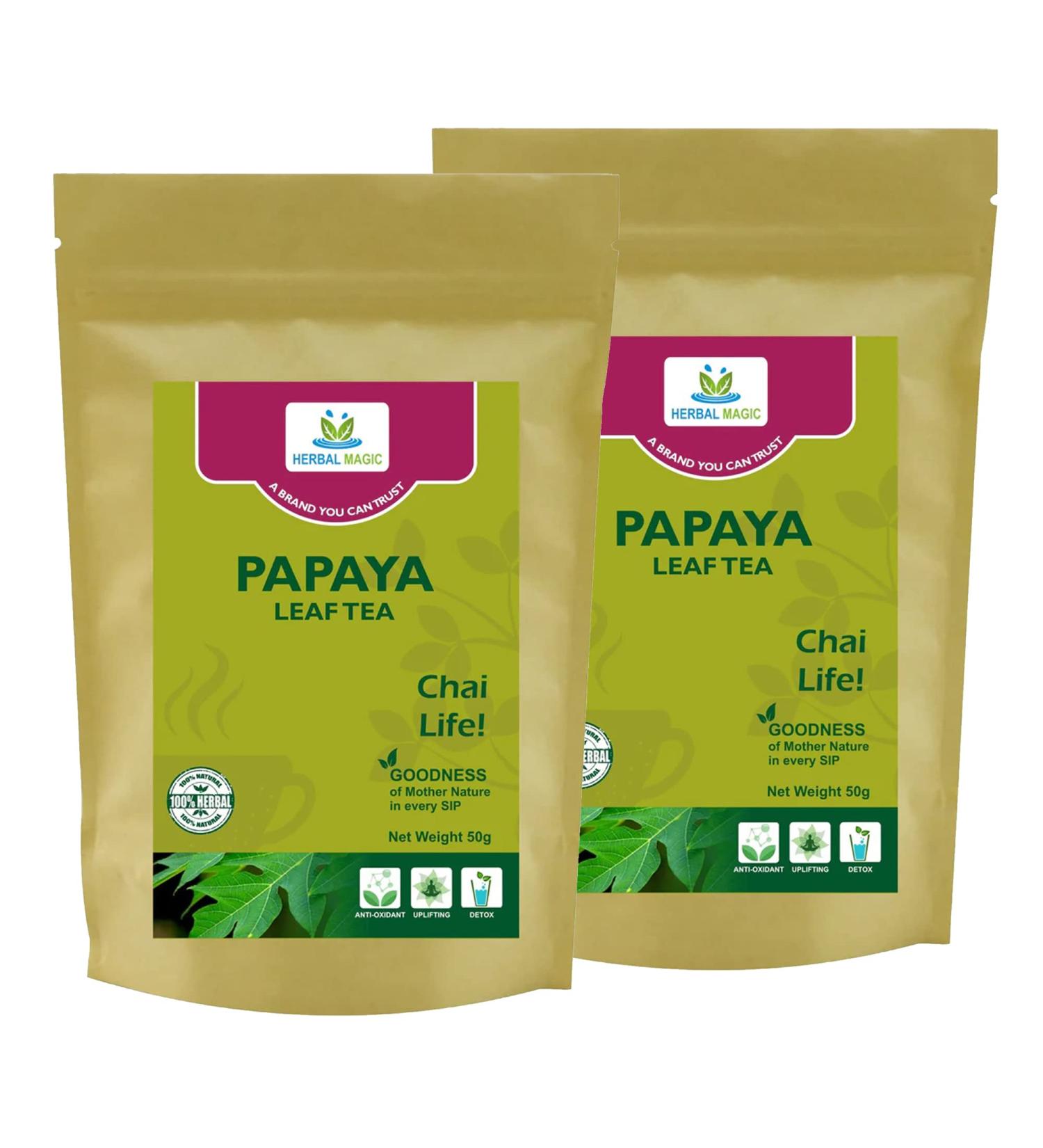 Herbal Magic's Pure & Natural Papaya Leaves Infusion subtle bitter flavour - Freshly Harvested - Caffeine Free Natural Detox - whole leaves- No Fillers & Preservatives - 50g (Pack -2) - Buy Online on GoSupps.com