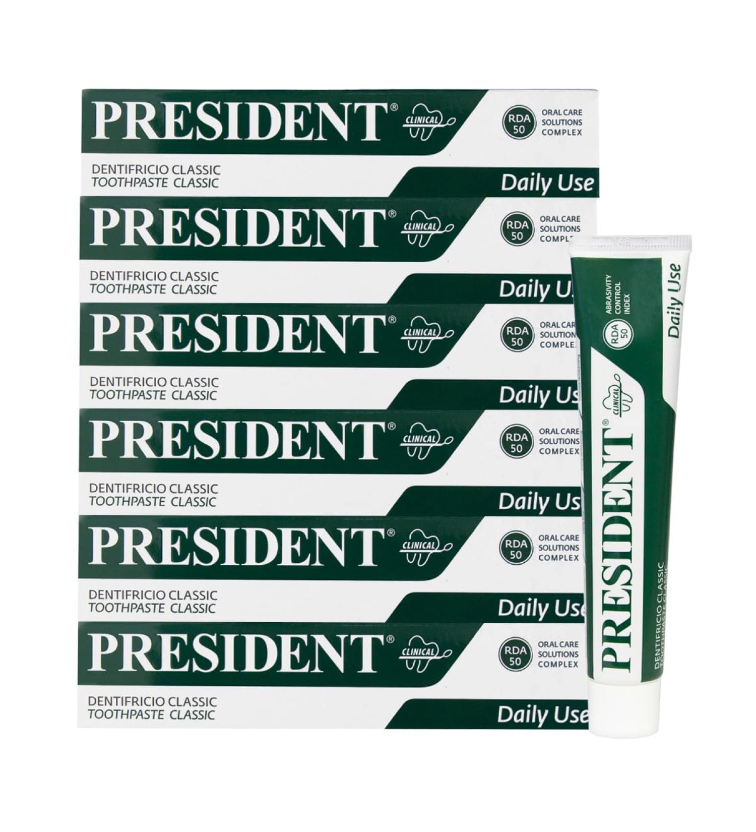  President President KIT 6 CLASSIC TOOTHPASTE for daily use. Anti-plaque anti-cavity freshening and anti-halitosis action. With plant extracts of lemon balm sage and chamomile. RDA 50. 6 x 75 ml - Buy Online on GoSupps.com