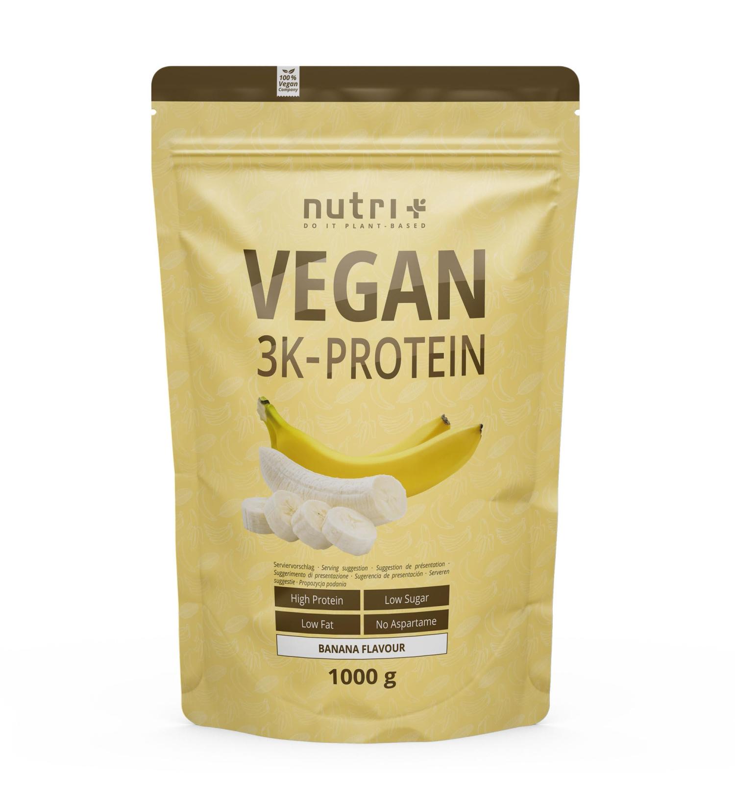 Nutri+ Vegan Protein Powder - 1kg Banana Flavor | 84.1% Vegetable Protein Lactose & Gluten-Free Ideal for Shakes - Buy Online on GoSupps.com