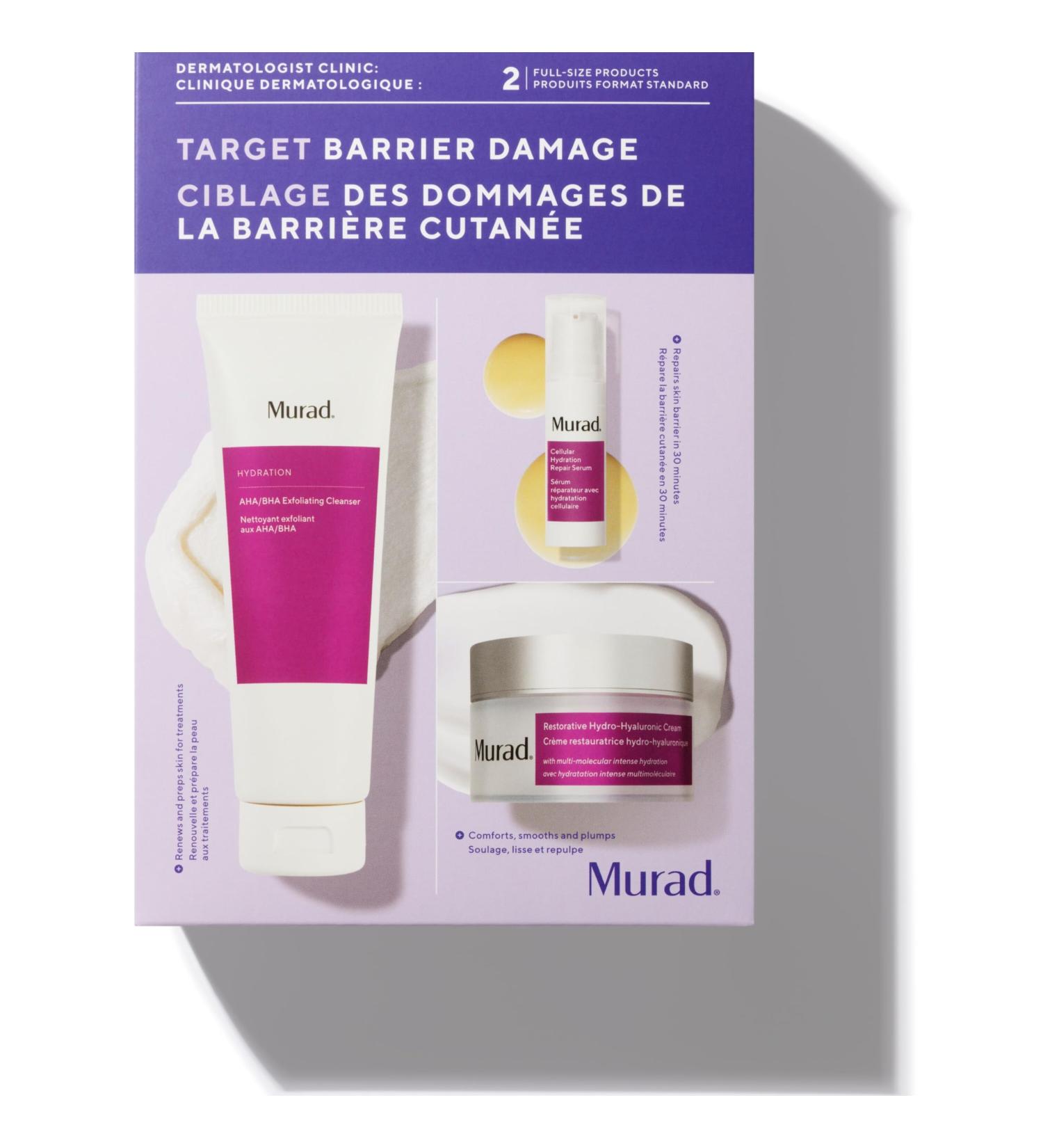 Murad Target Barrier Damage (3 Piece Value Set) - AHA/BHA Cleanser Hyaluronic Cream Moisturizer Cellular Hydration Serum - Regimen for Exfoliating Moisturizing and Repairing Skin Barrier - Buy Online on GoSupps.com