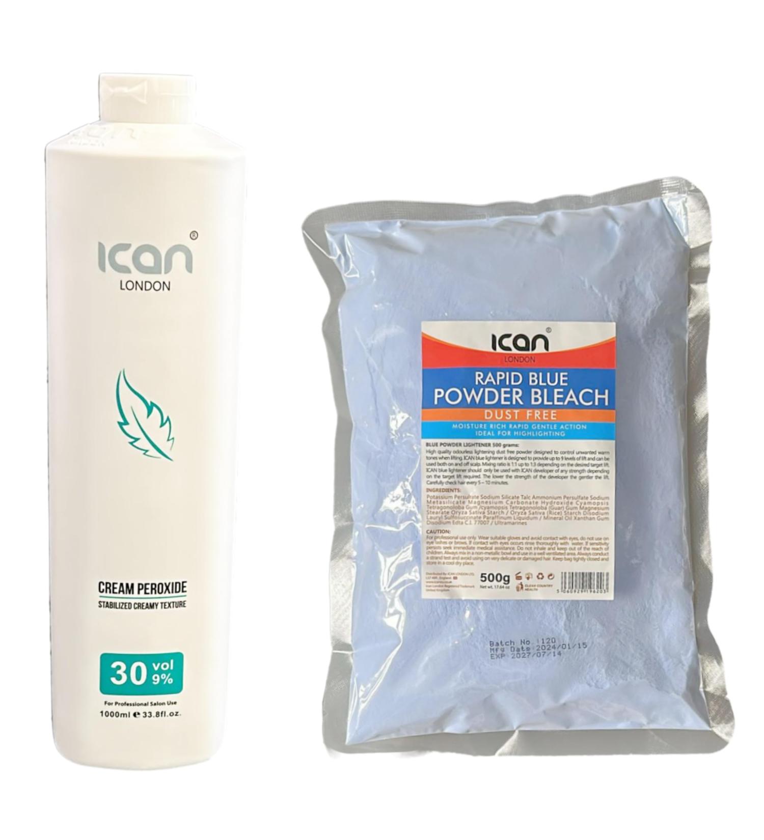 ICAN LONDON PROFESSIONAL CREAM PEROXIDE 30 VOL 9% 1000 ML + DUST FREE BLUE POWDER BLEACH 500 G SET - Buy Online on GoSupps.com