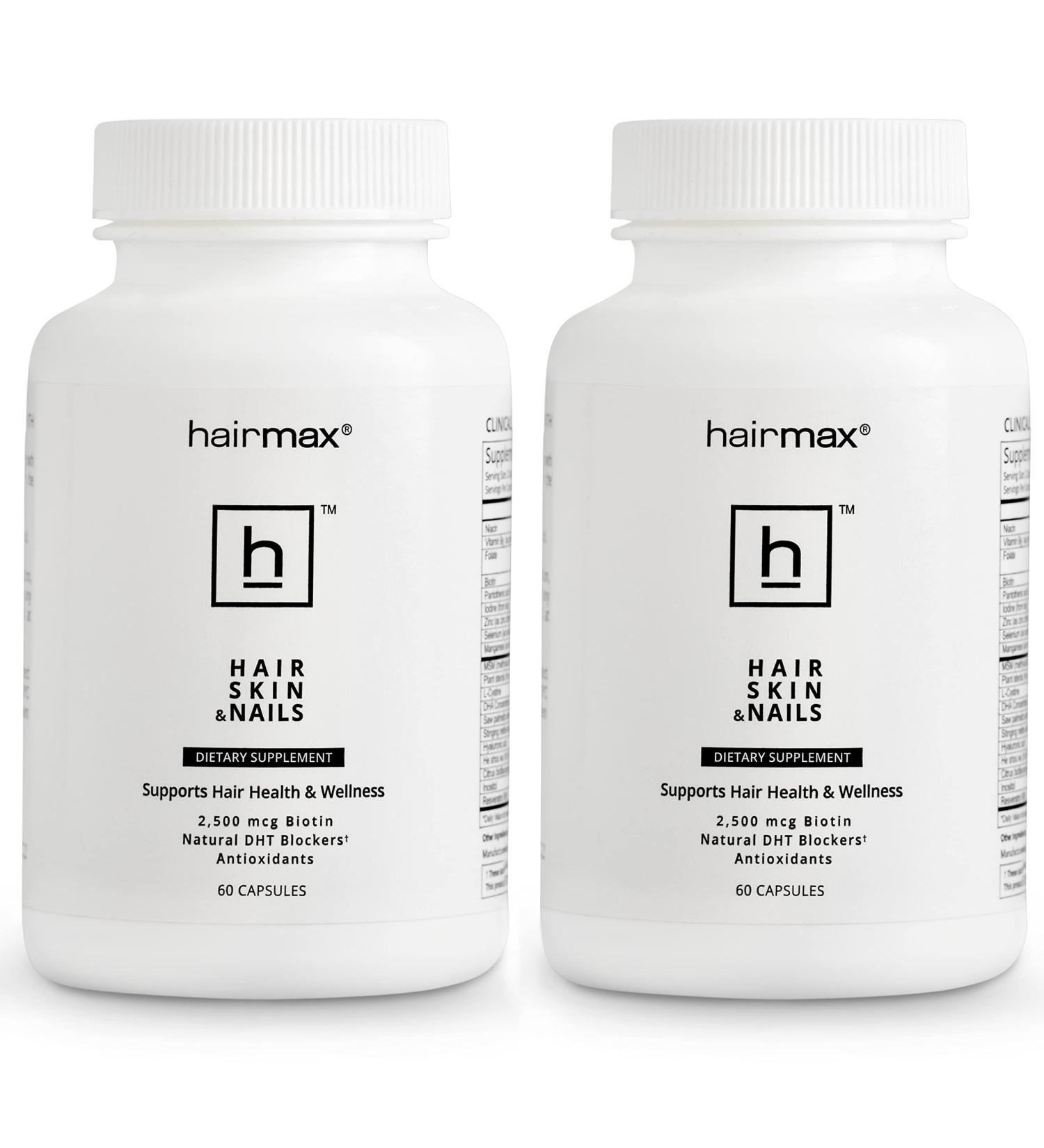 HairMax Hair Skin and Nails Supplement - Hair Loss and Regrowth Treatment - 2500mcg Biotin, DHT Blocker, MSM & Antioxidants - 2 Bottles, 60 Servings - Buy Online on GoSupps.com