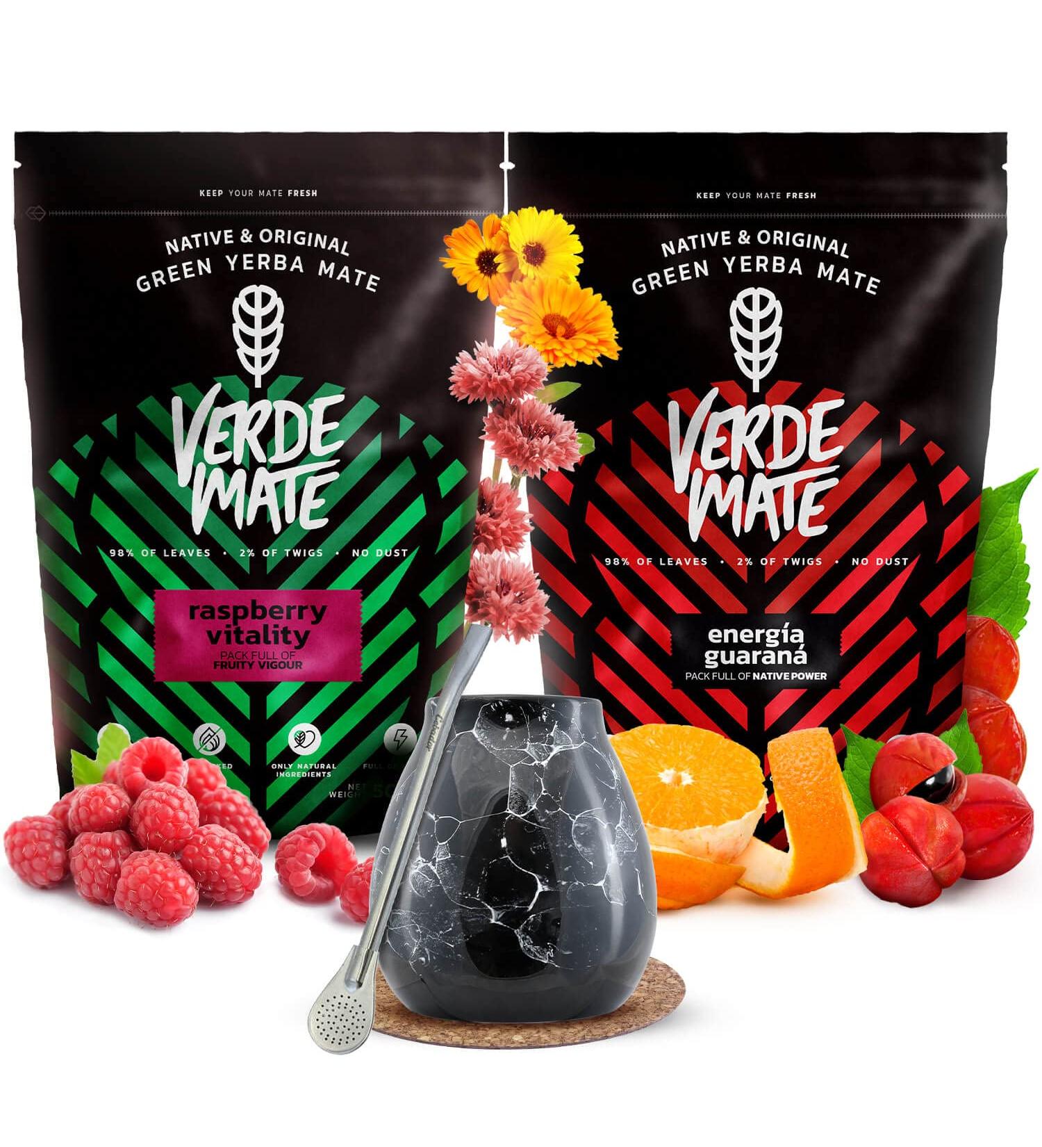 Verde Mate Green Energia Guarana Raspberry Vitality Set with Calabash | Yerba Mate Tea with Guarana and Fruits | Natural Caffeine Boost | 2x500g - Buy Online on GoSupps.com