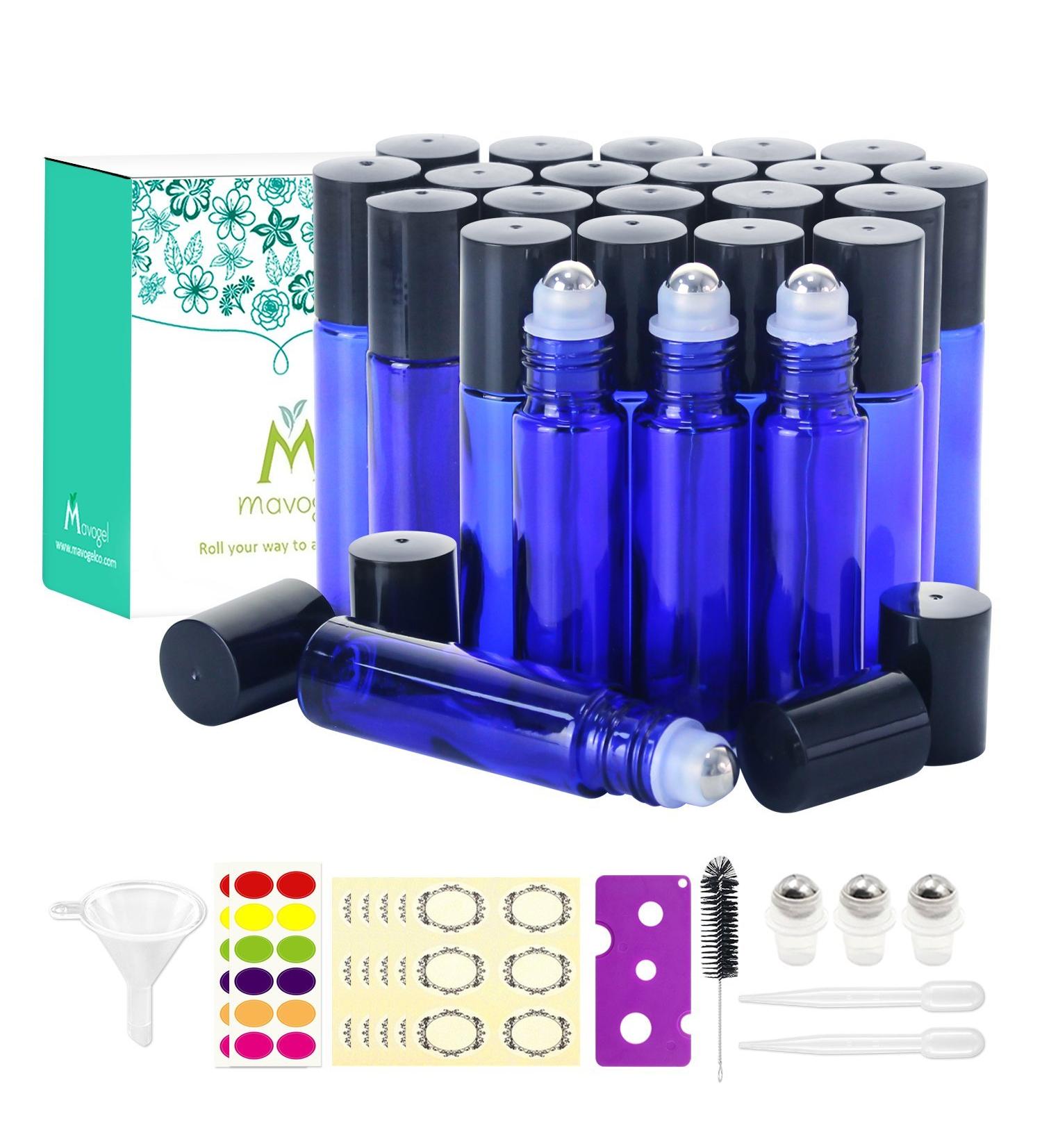 Mavogel 10ml Cobalt Blue Glass Essential Oil Roller Bottles - 24 Count with Stainless Steel Roller Balls, Labels, Opener, Funnel, Dropper and Brush - Perfect for Aromatherapy (Pack of 1) - Buy Online on GoSupps.com