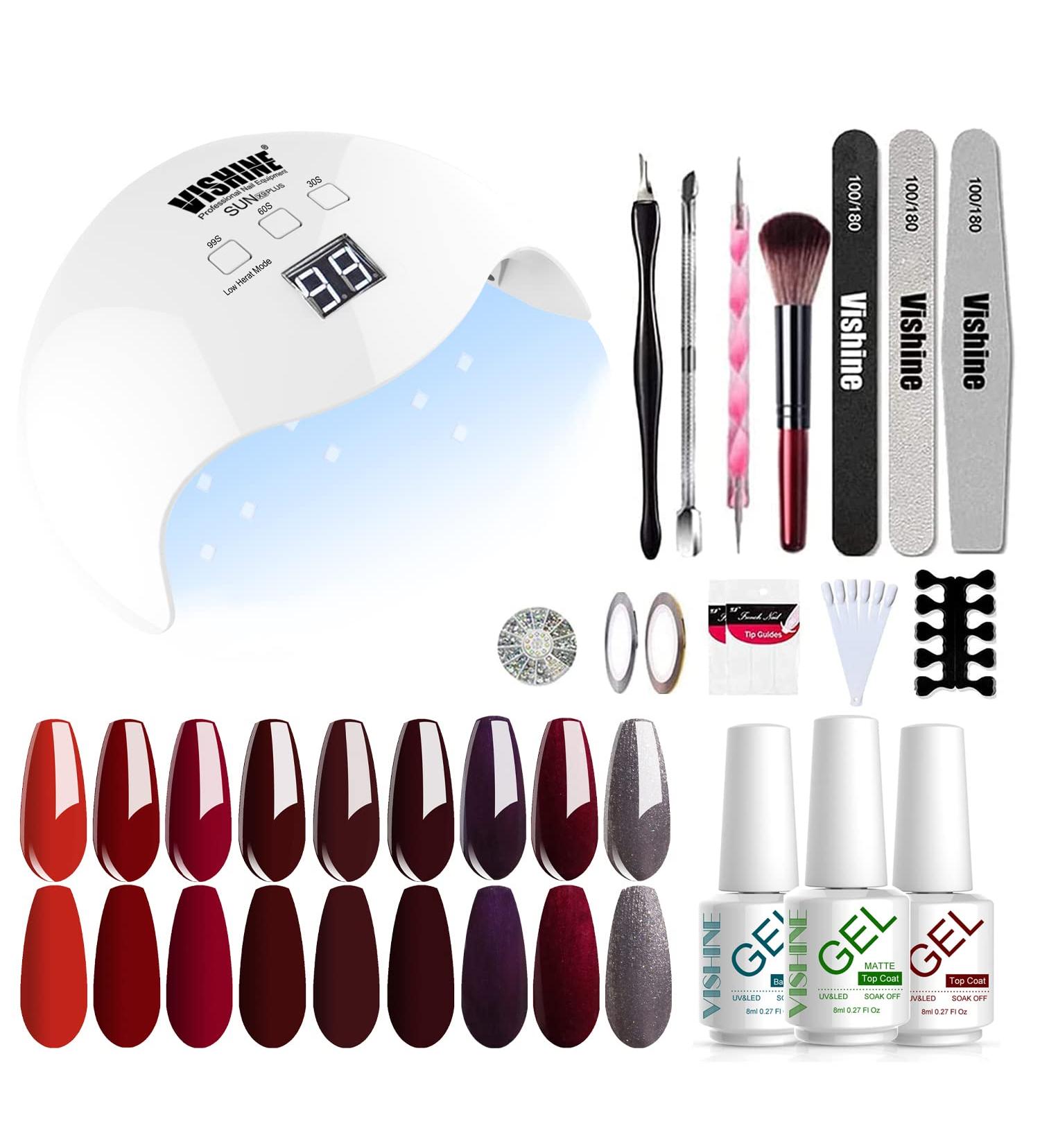 Vishine Gel Nail Polish Starter Kit - 48W LED Lamp Base & Top Coat 4 Red Shades | Perfect Nail Art - Buy Online on GoSupps.com