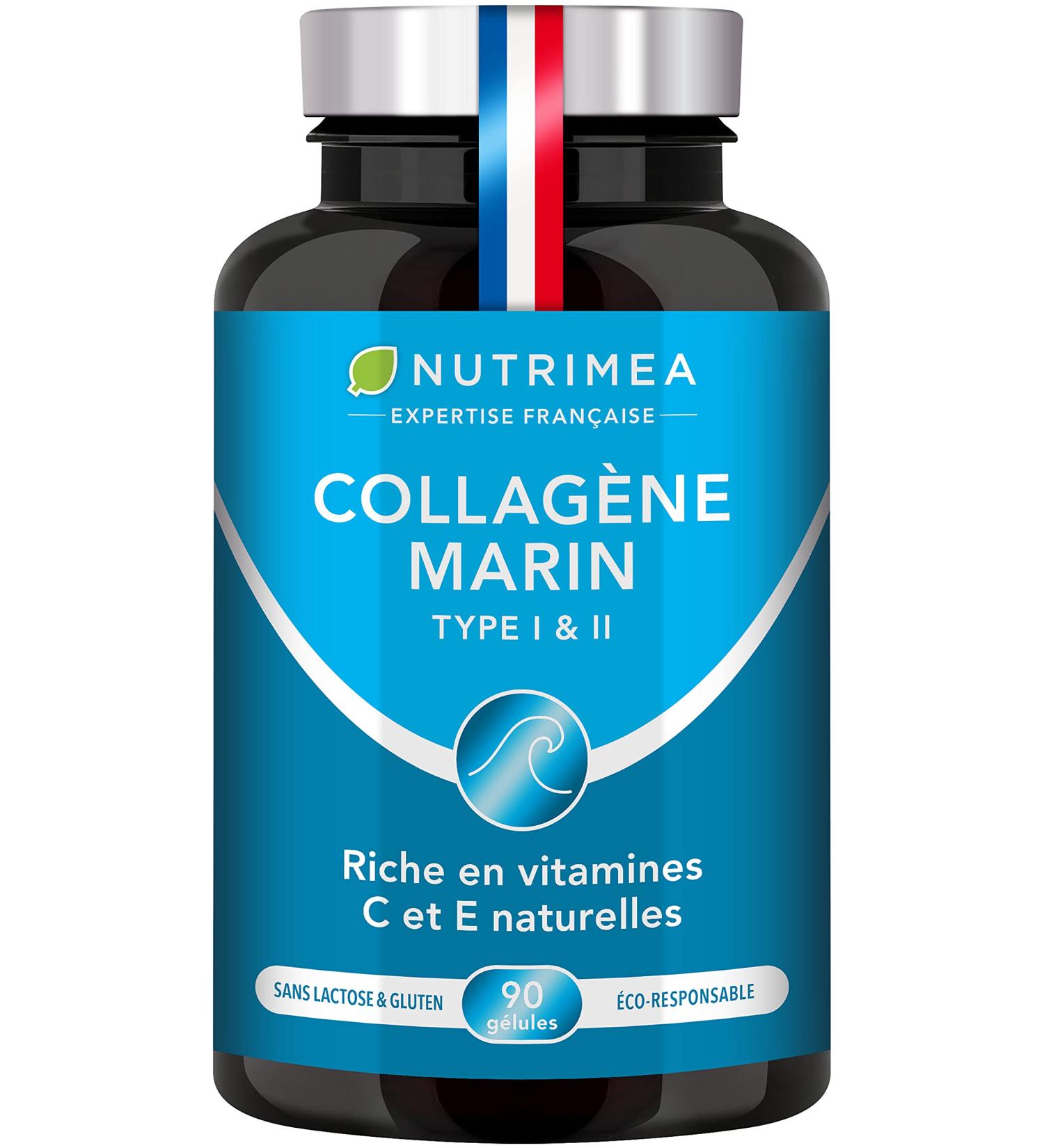 MARINE COLLAGEN - Type 1 & 2 PATENTED Pure and Natural - Vitamins A C & E Plant-based - Nutrimea - Skin Hydration - Protects Bones and Joints - 900 mg - 90 Capsules - Made in France - Buy Online on GoSupps.com