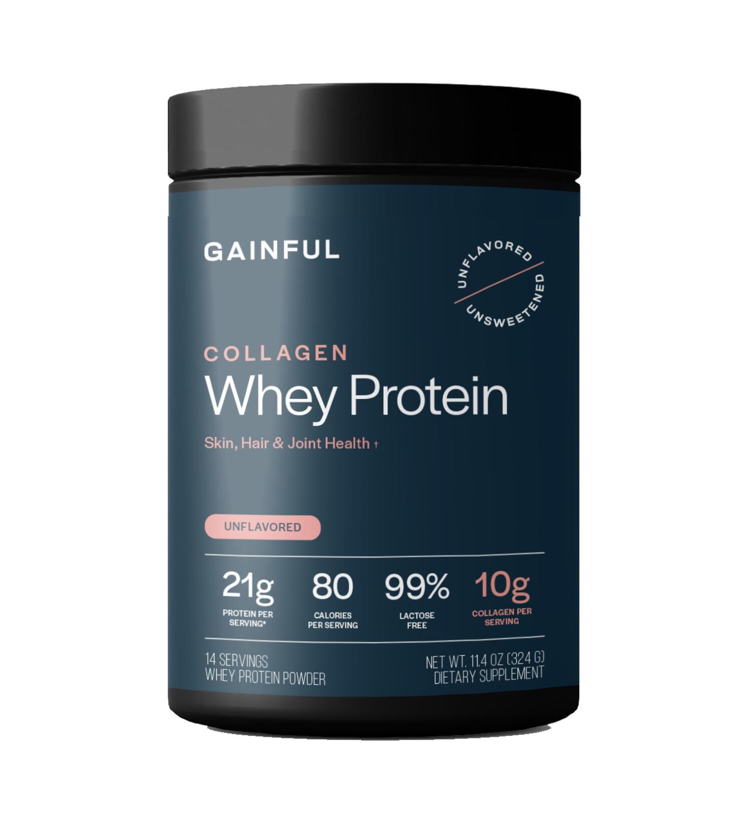 Gainful Collagen Whey Protein Powder 21g Protein per Serving Unflavored Supports Muscle Recovery Joint Health and Skin Hydration with Grass-Fed Collagen Peptides Vitamin C 14 Servings Whey - Collagen 11.4 Ounce (Pack  - Buy Online on GoSupps.com