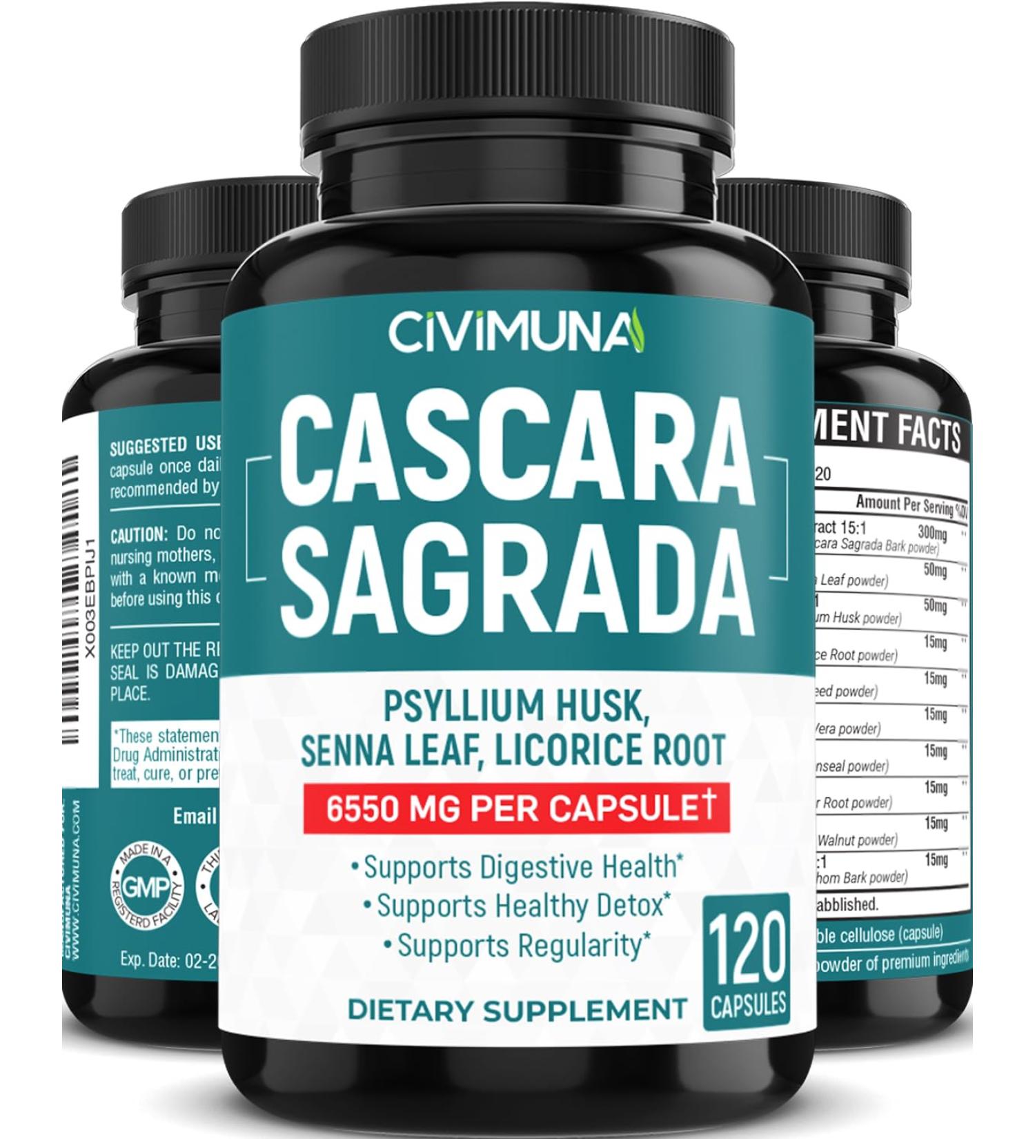 Cascara Sagrada Bark Extract Capsules 6550mg | 120 Capsules - 4 Months Supply | Senna Leaf Psyllium Husk Powder | CIVIMUNA - Buy Online on GoSupps.com