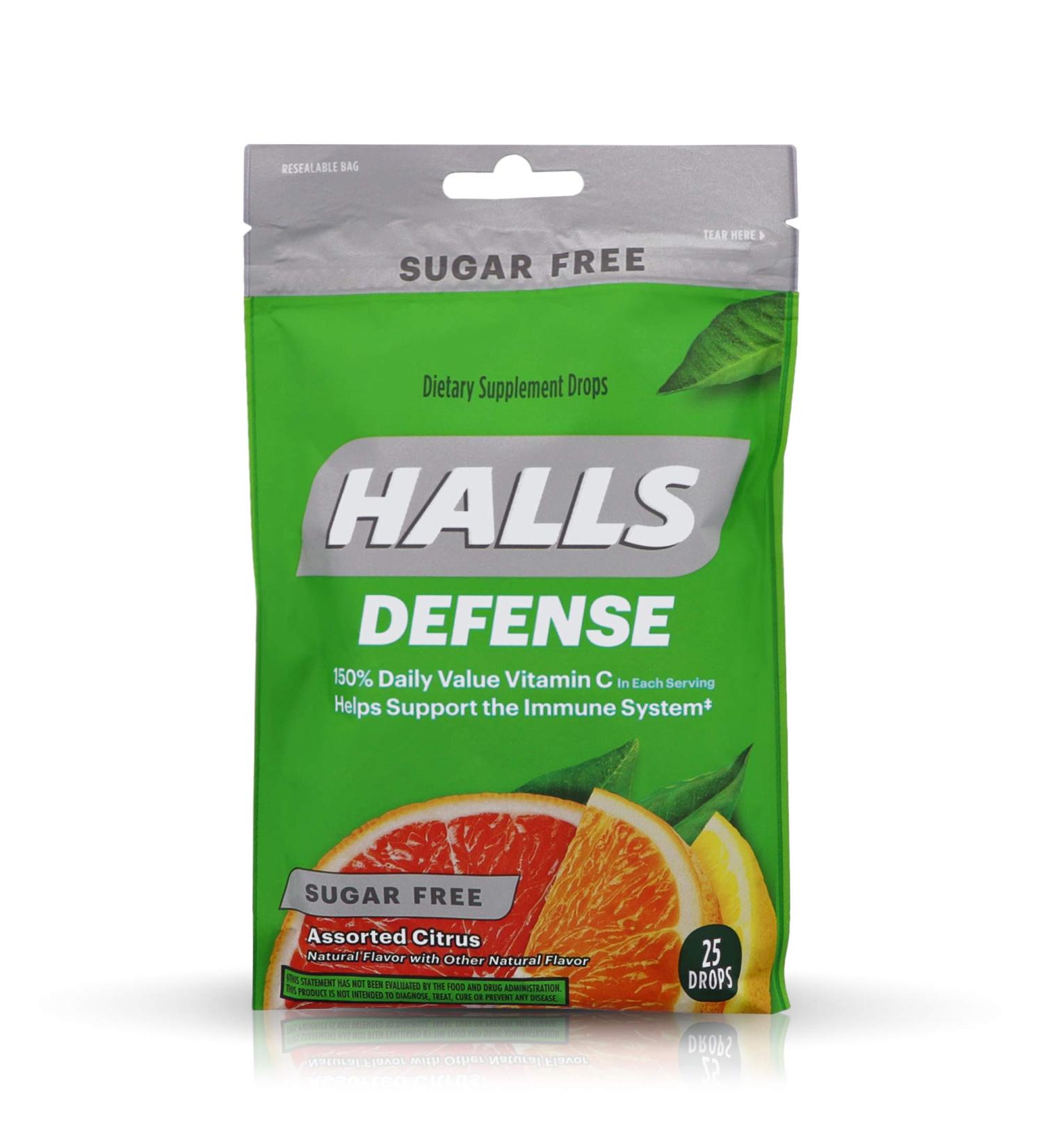 Halls Defense Vitamin C Drops Sugar Free Assorted Citrus - 25 ct, Pack of 4