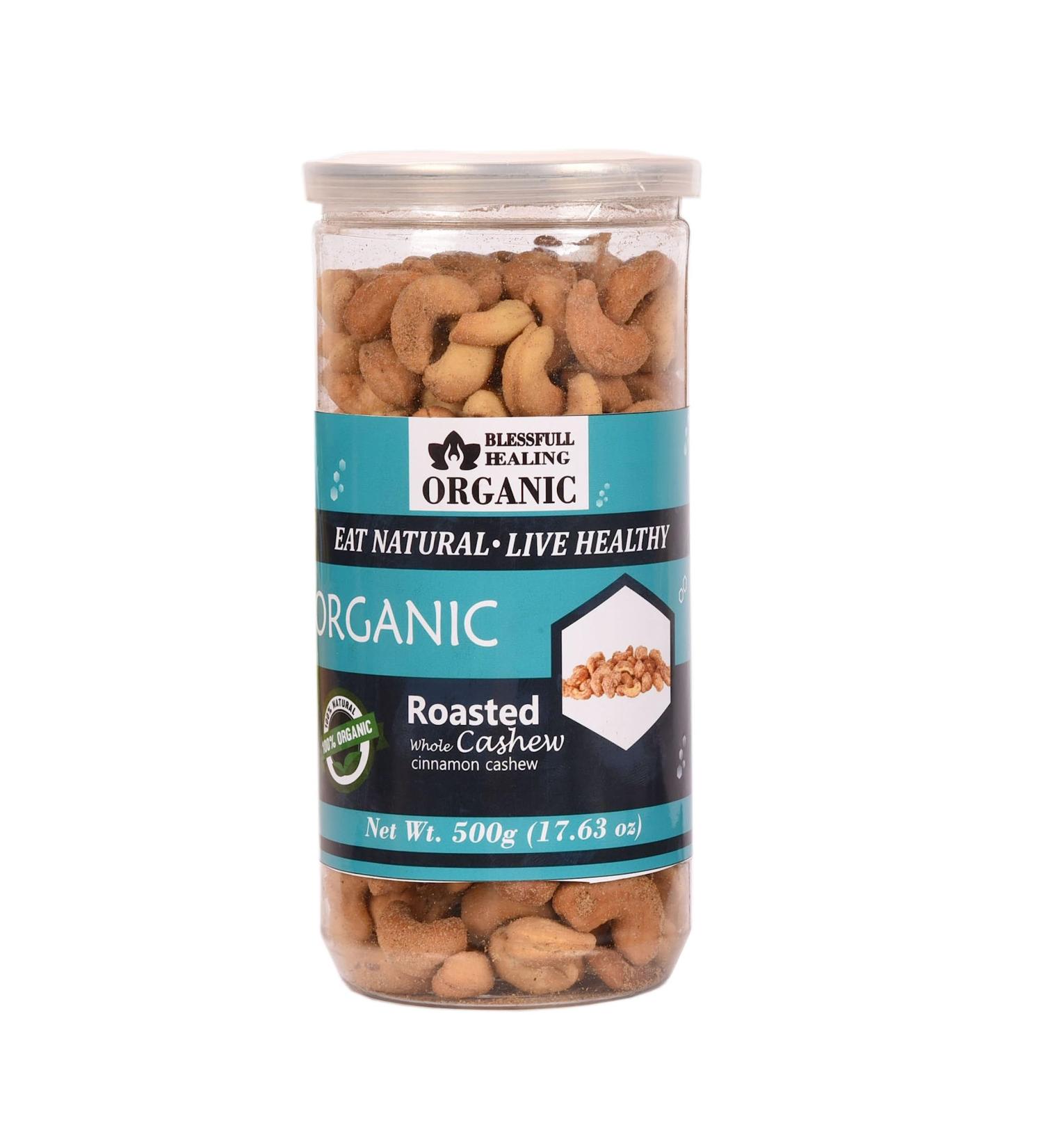 Blessfull Healing Organic Natural Vegan Cinnamon Roasted Whole Cashew Nuts Crunchy Kaju 500 Gram - Buy Online on GoSupps.com