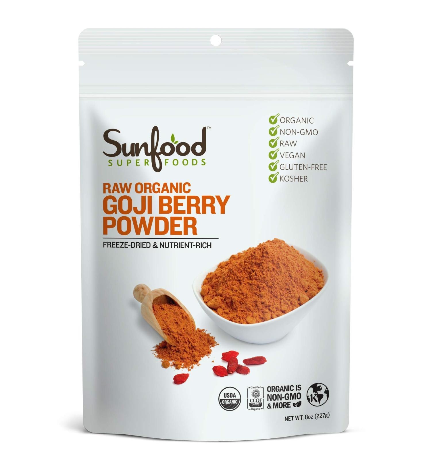 Sunfood Raw Organic Goji Berry Powder 8 oz - Superfood Antioxidant Boost - Buy Online on GoSupps.com