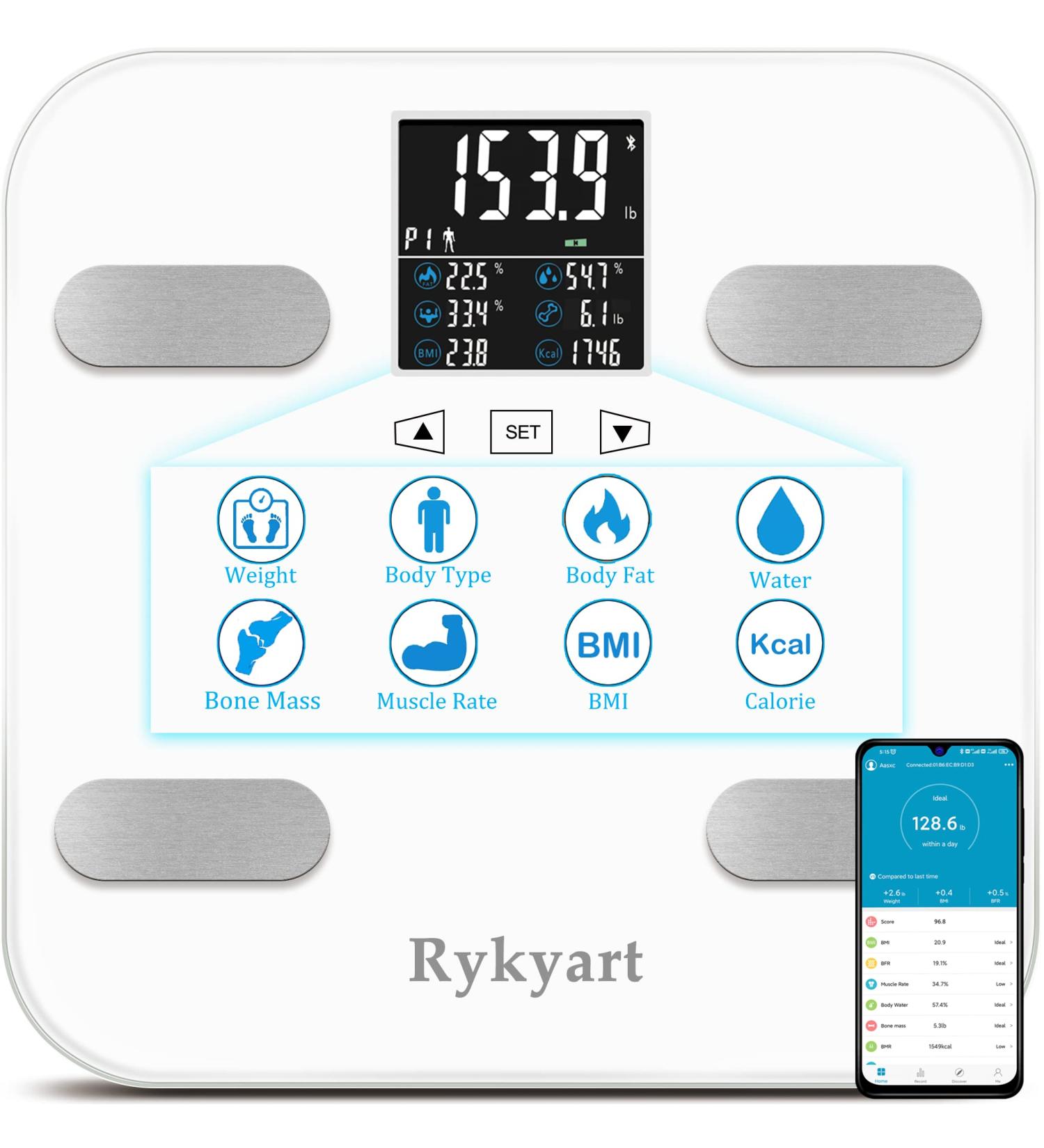 Rykyart Touch Screen Body Fat Scale | Bluetooth BMI Weight Scales with 18 Body Data | Digital Bathroom Scale Sync with Fitness App - Buy Online on GoSupps.com