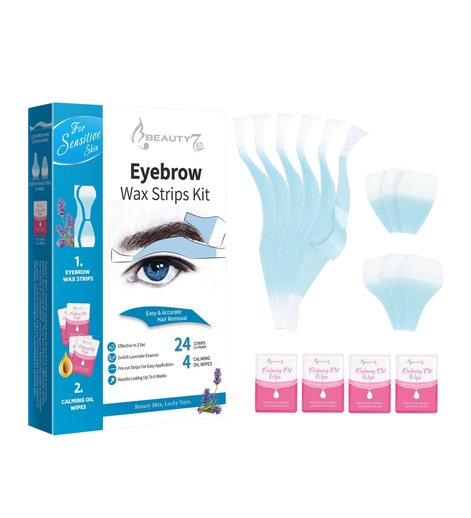  Beauty7 Beauty7 24-Pack Pre-Cut Eyebrow Wax Strips - With 4 Oil Cleansing Wipes - Suitable for Skin - Buy Online on GoSupps.com