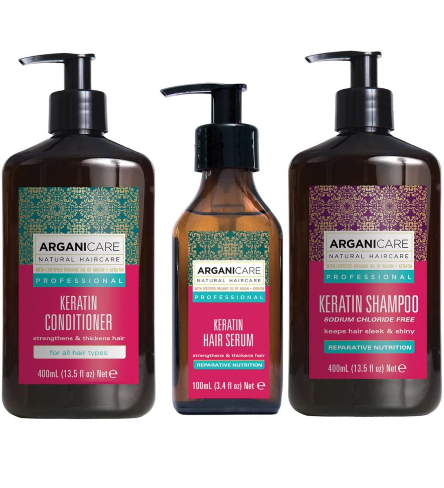 ARGANICARE | Shampoo 400 ML + Conditioner 400 ML + Keratin Serum 100 ML | Intensely Regenerates Hair | Prevents & Treats Split Ends | Soft & Shiny Hair - Buy Online on GoSupps.com