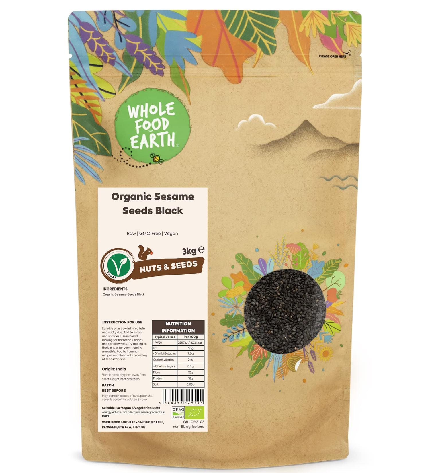 Wholefood Earth Organic Black Sesame Seeds 3kg | Raw, Non-GMO, Vegan | Certified Organic - Buy Online on GoSupps.com