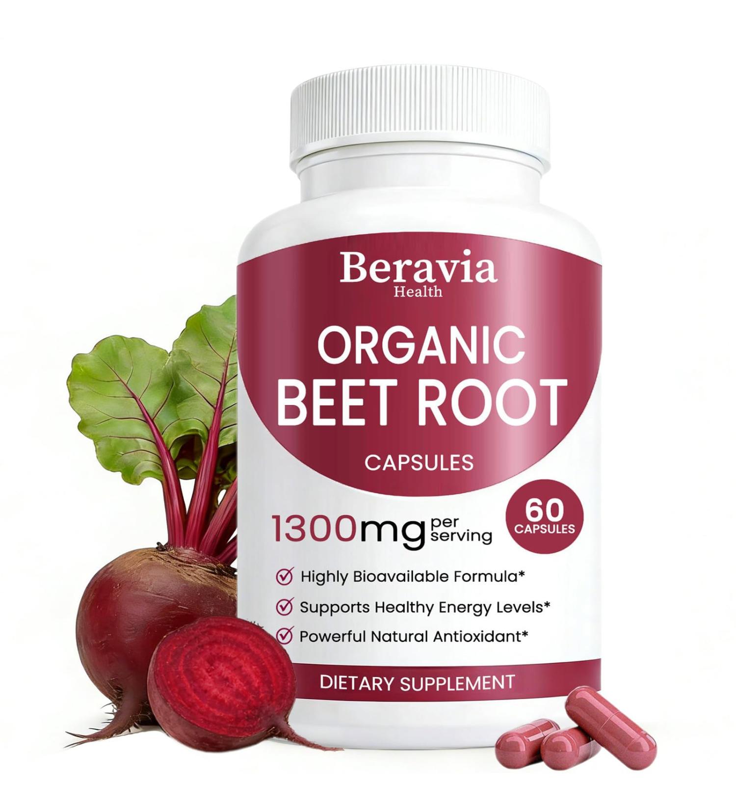 Beravia Health Organic Beet Root Capsules Beetroot Capsules 1300mg | Support Healthy Circulation & Vitality Natural Vegan & Non-GMO Beet Root Supplement for Women & Men - 60 Capsules (1 Bottle) - Buy Online on GoSupps.com